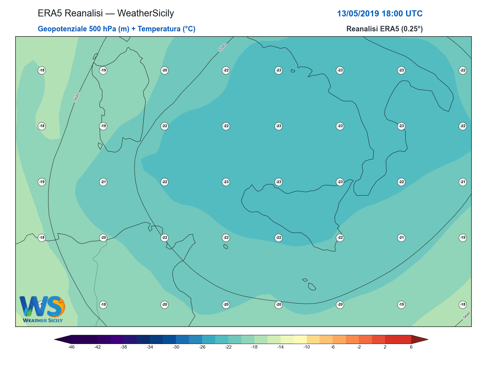 Geopotenziale 500 hPa + Temperatura · 2019051318