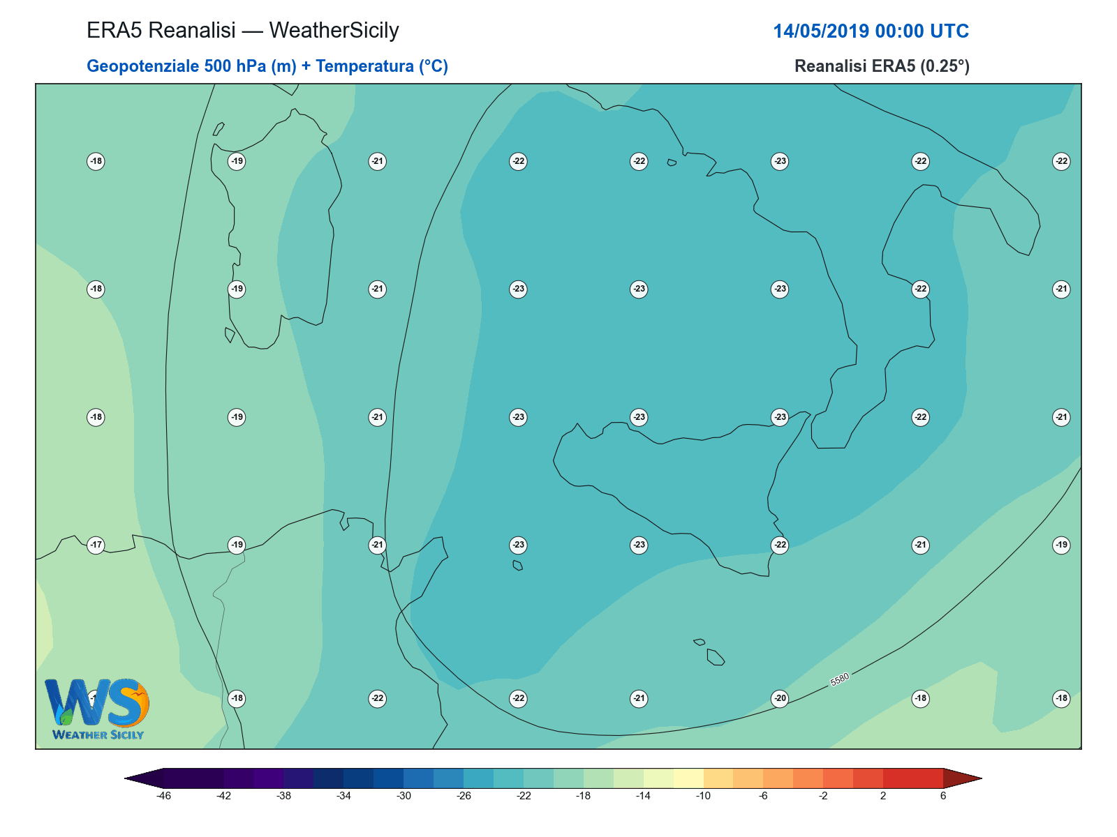 Geopotenziale 500 hPa + Temperatura · 2019051400