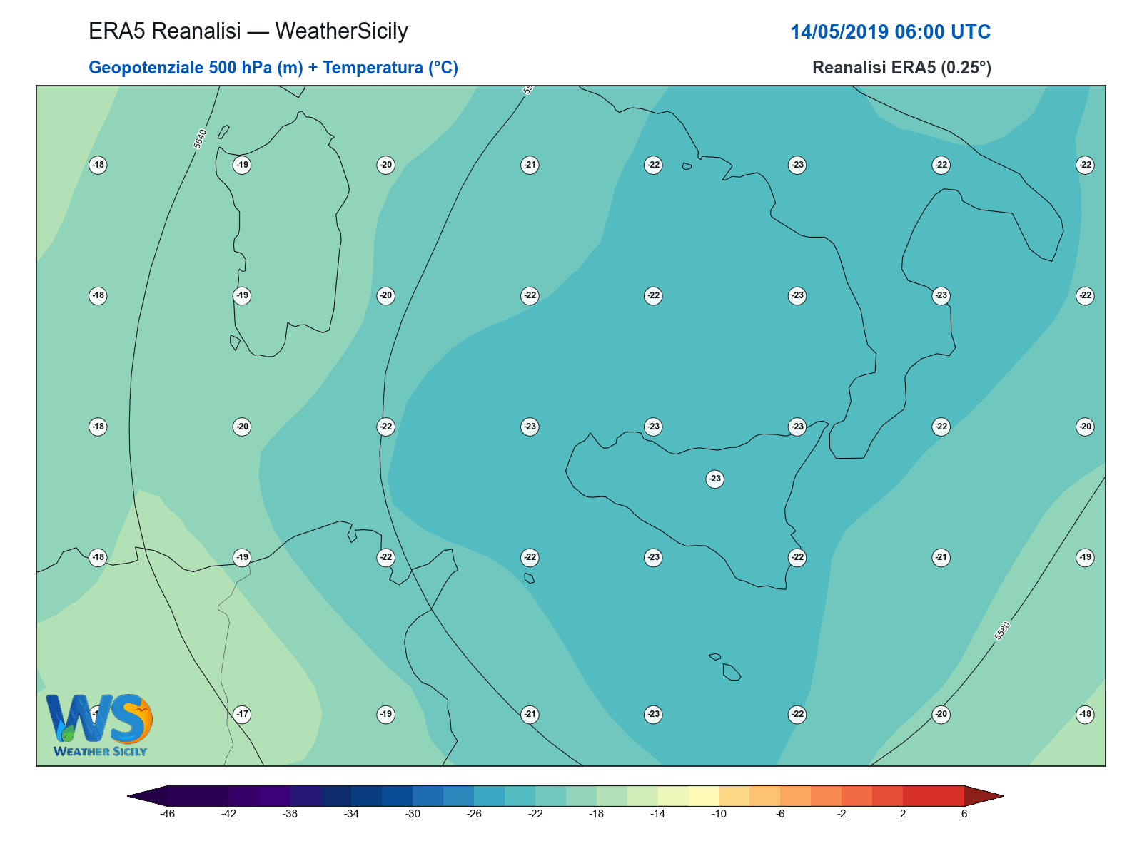 Geopotenziale 500 hPa + Temperatura · 2019051406