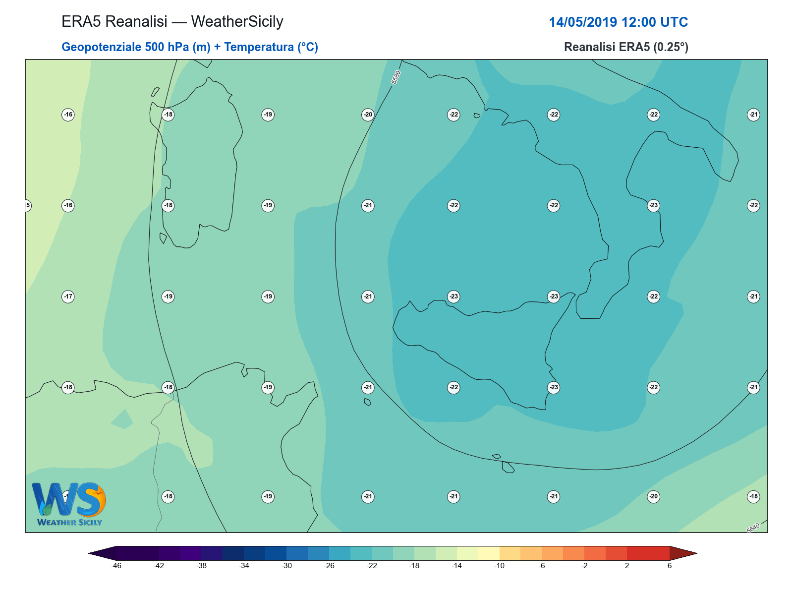 Geopotenziale 500 hPa + Temperatura · 2019051412