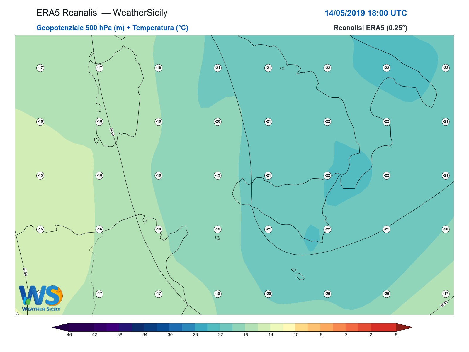 Geopotenziale 500 hPa + Temperatura · 2019051418