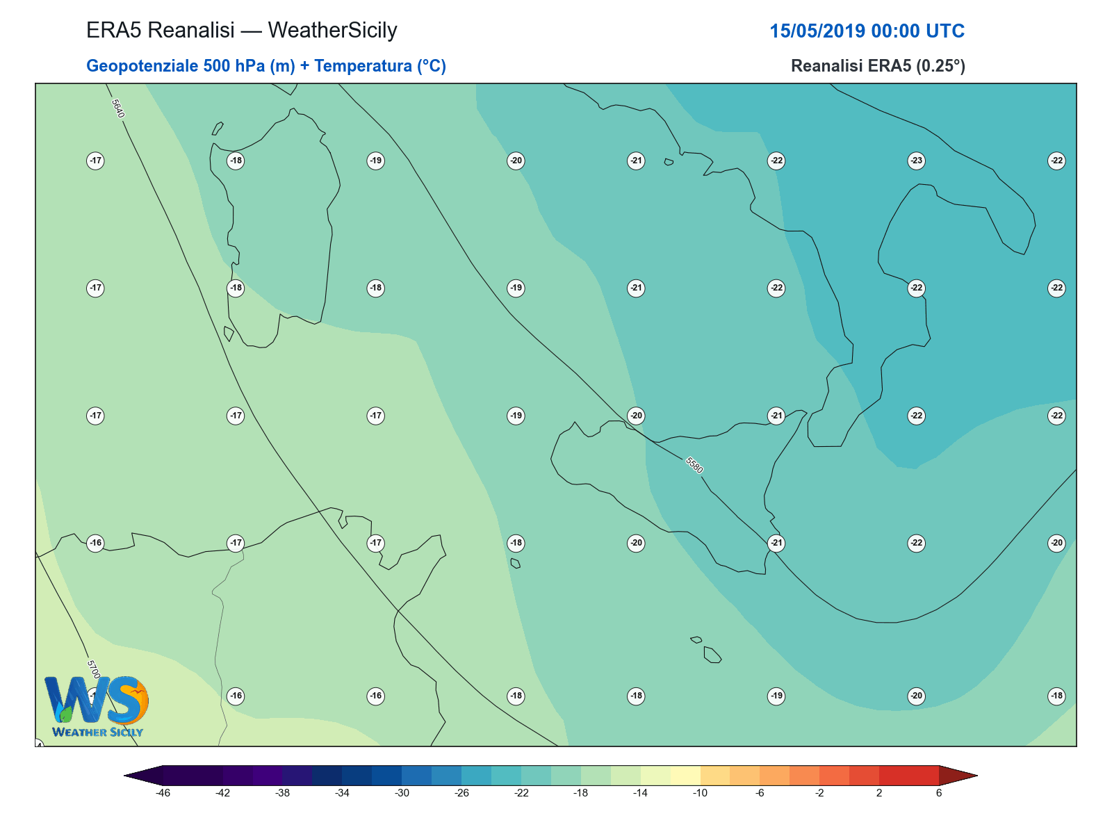 Geopotenziale 500 hPa + Temperatura · 2019051500