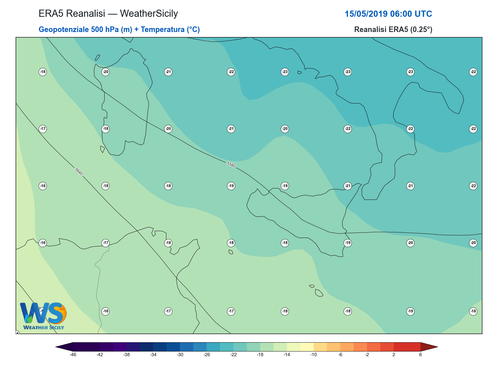 Geopotenziale 500 hPa + Temperatura · 2019051506