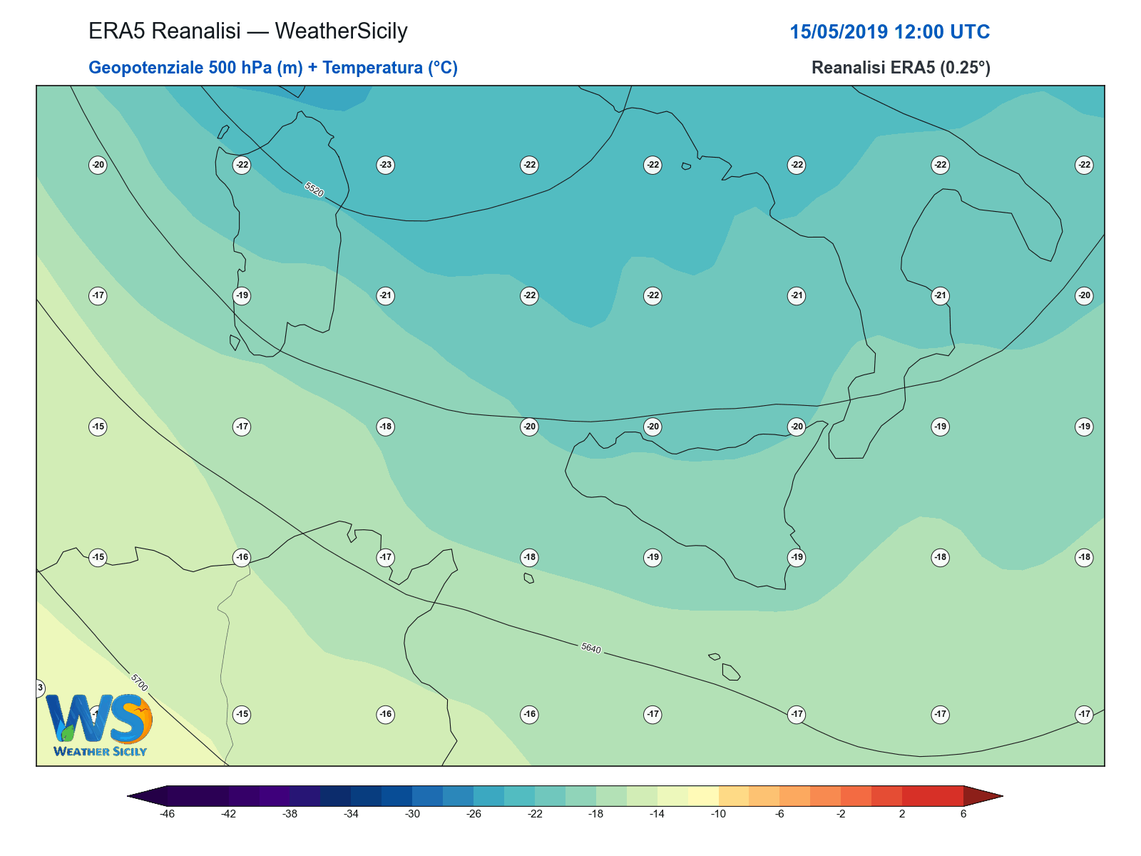 Geopotenziale 500 hPa + Temperatura · 2019051512