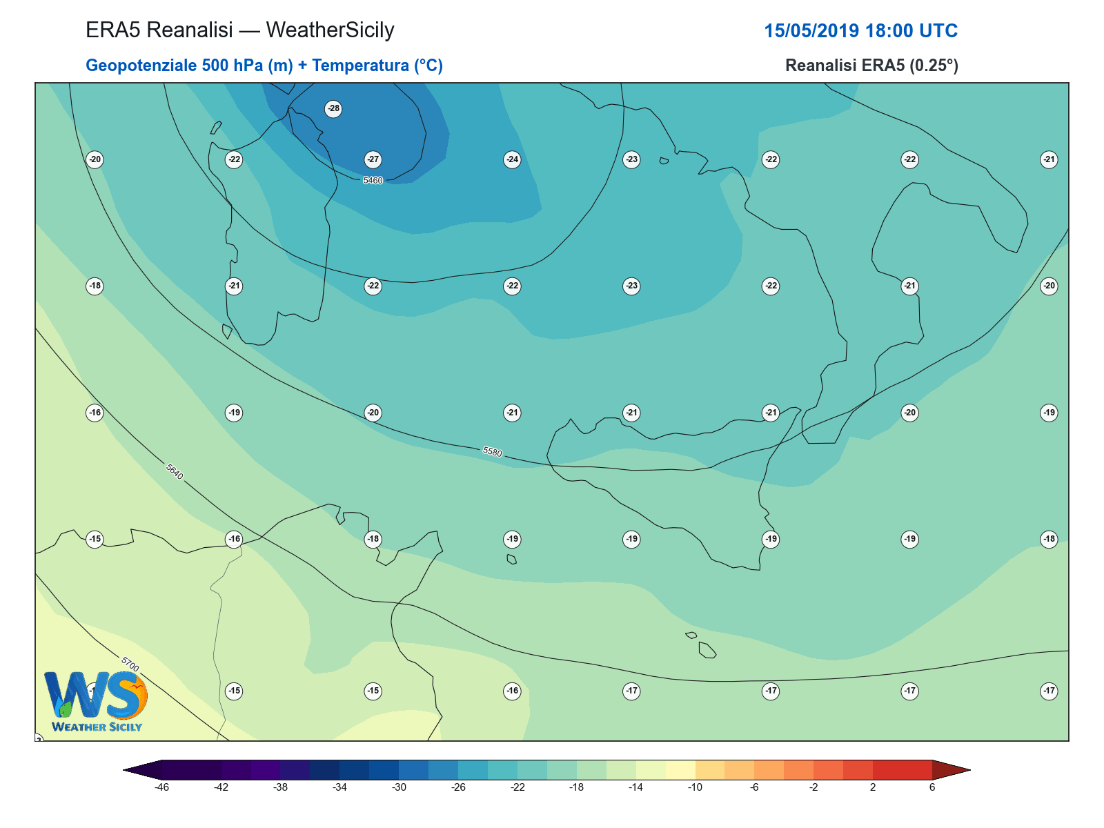 Geopotenziale 500 hPa + Temperatura · 2019051518