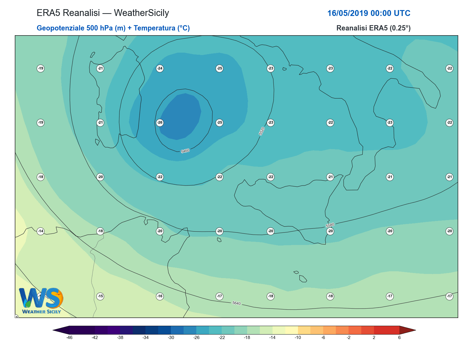 Geopotenziale 500 hPa + Temperatura · 2019051600