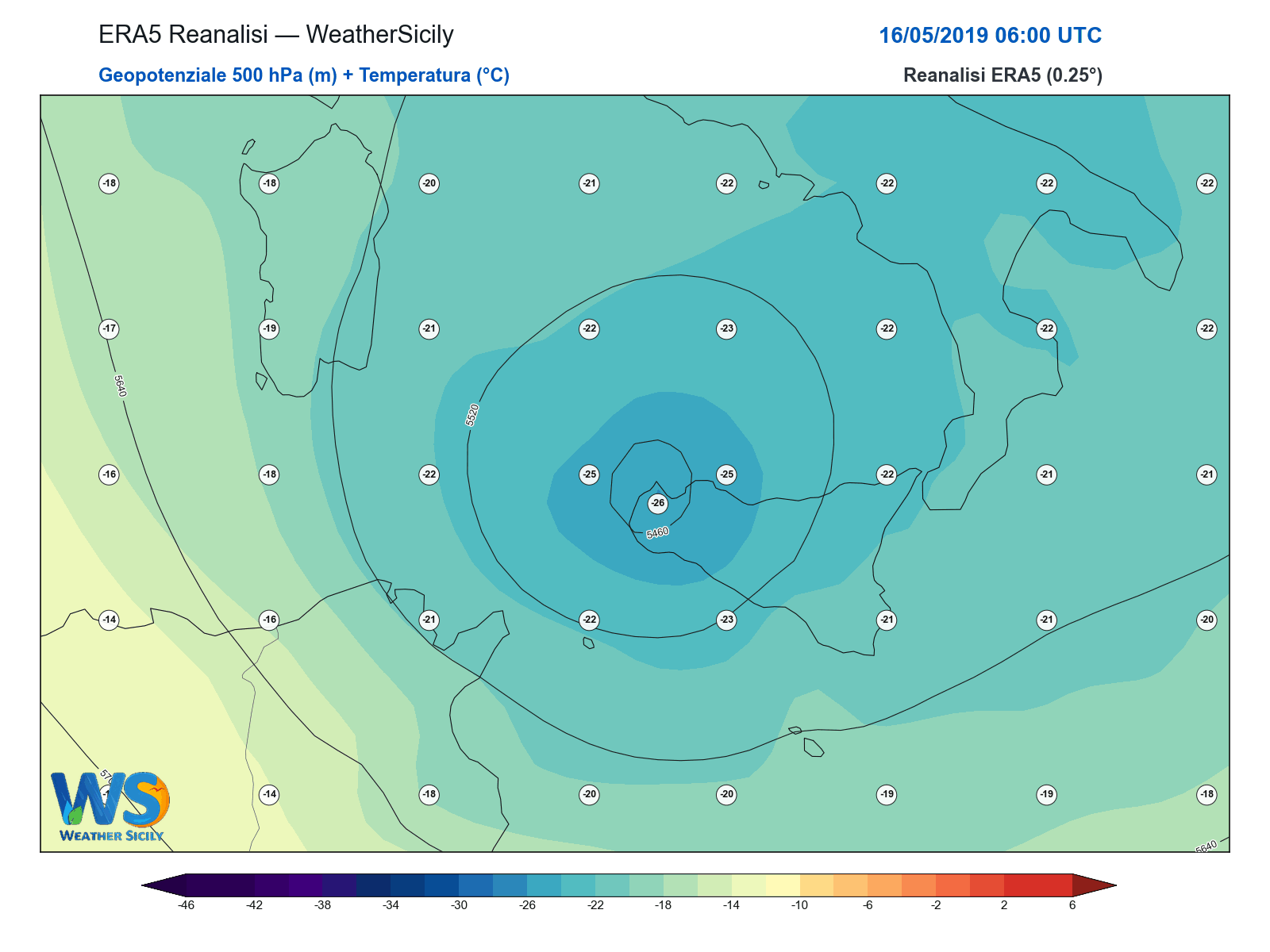 Geopotenziale 500 hPa + Temperatura · 2019051606