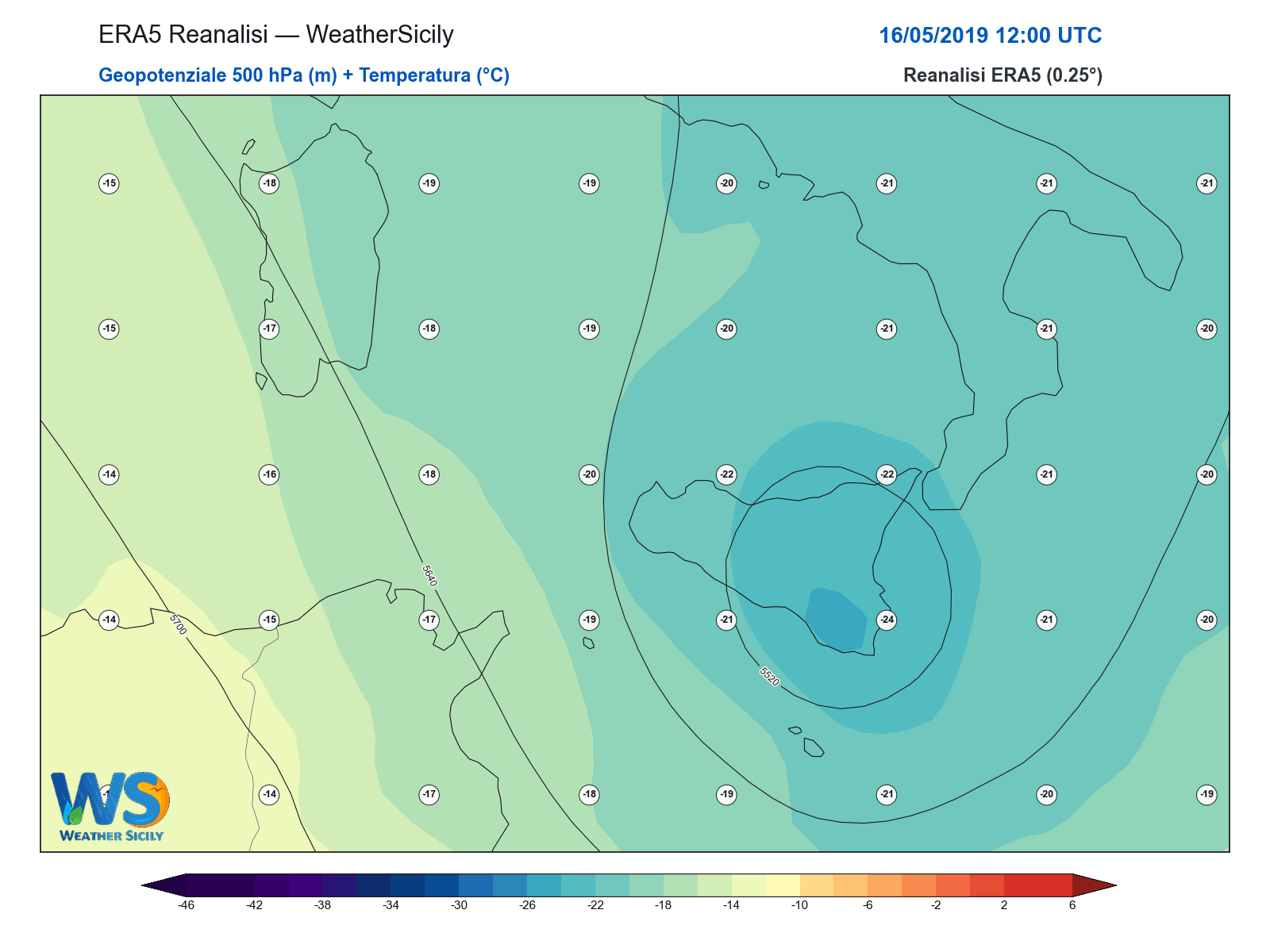Geopotenziale 500 hPa + Temperatura · 2019051612