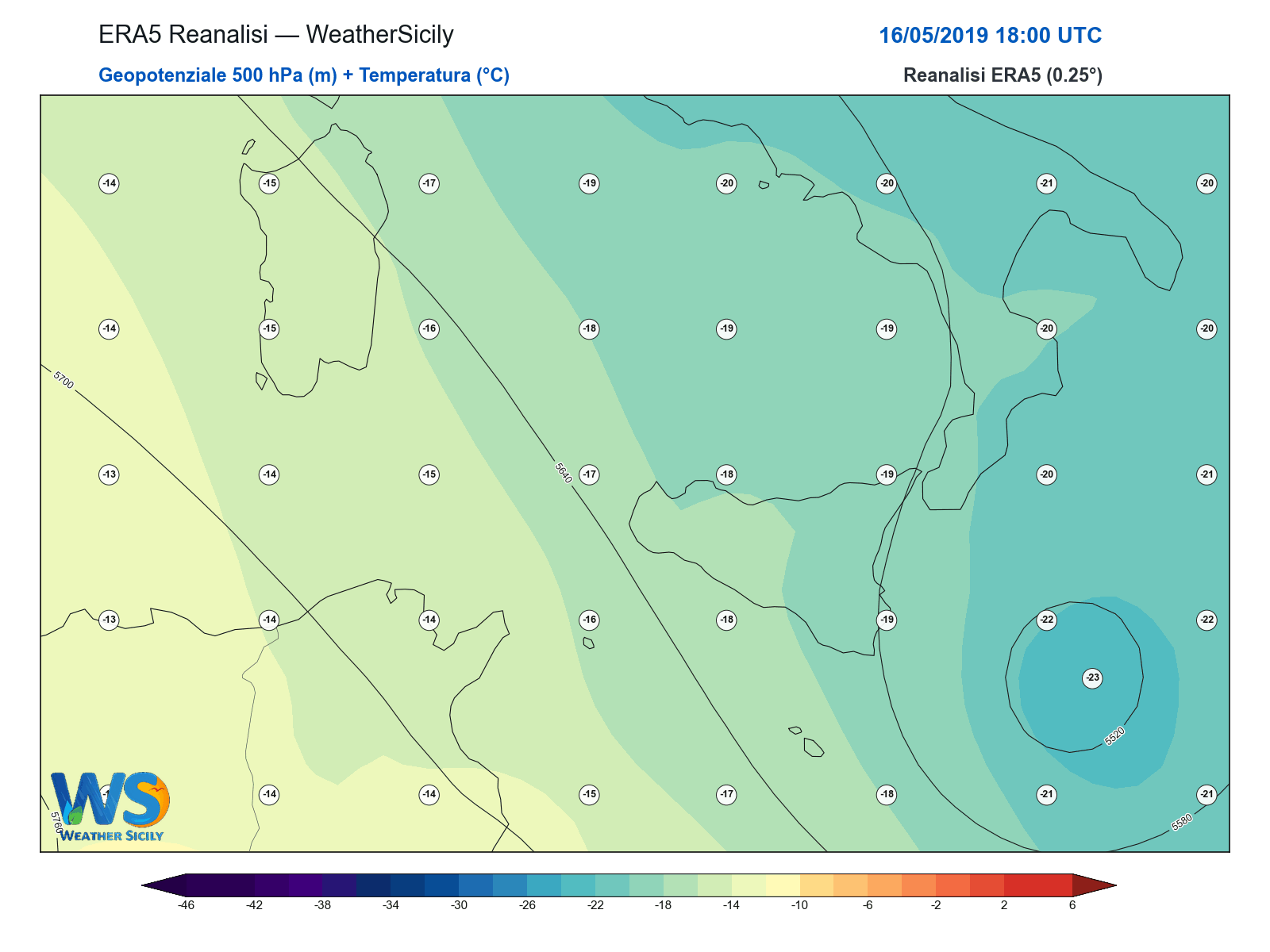 Geopotenziale 500 hPa + Temperatura · 2019051618