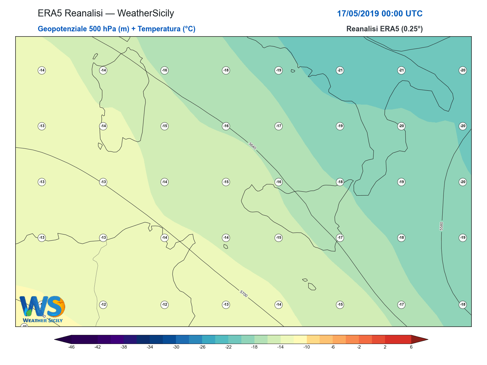 Geopotenziale 500 hPa + Temperatura · 2019051700