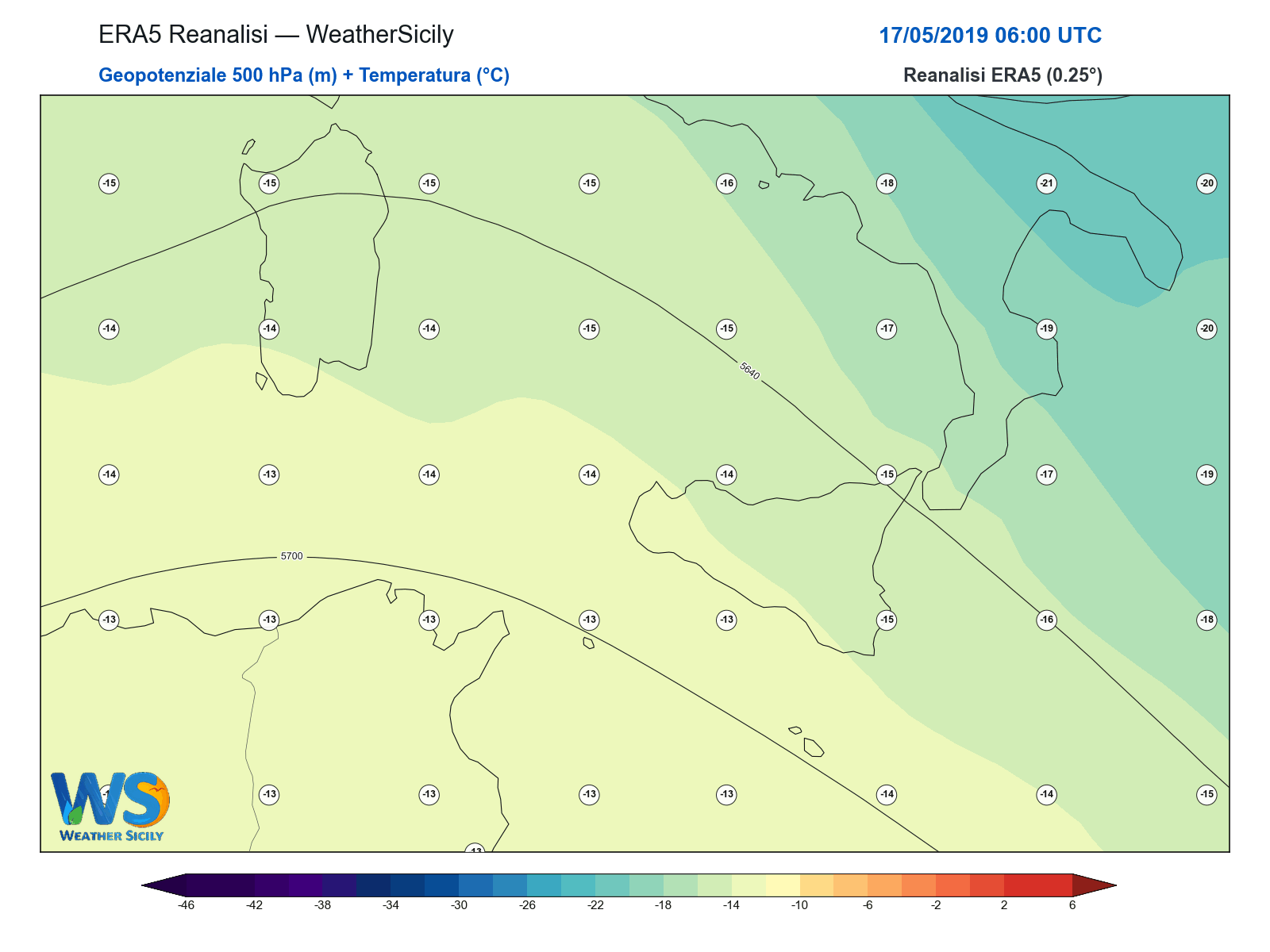 Geopotenziale 500 hPa + Temperatura · 2019051706