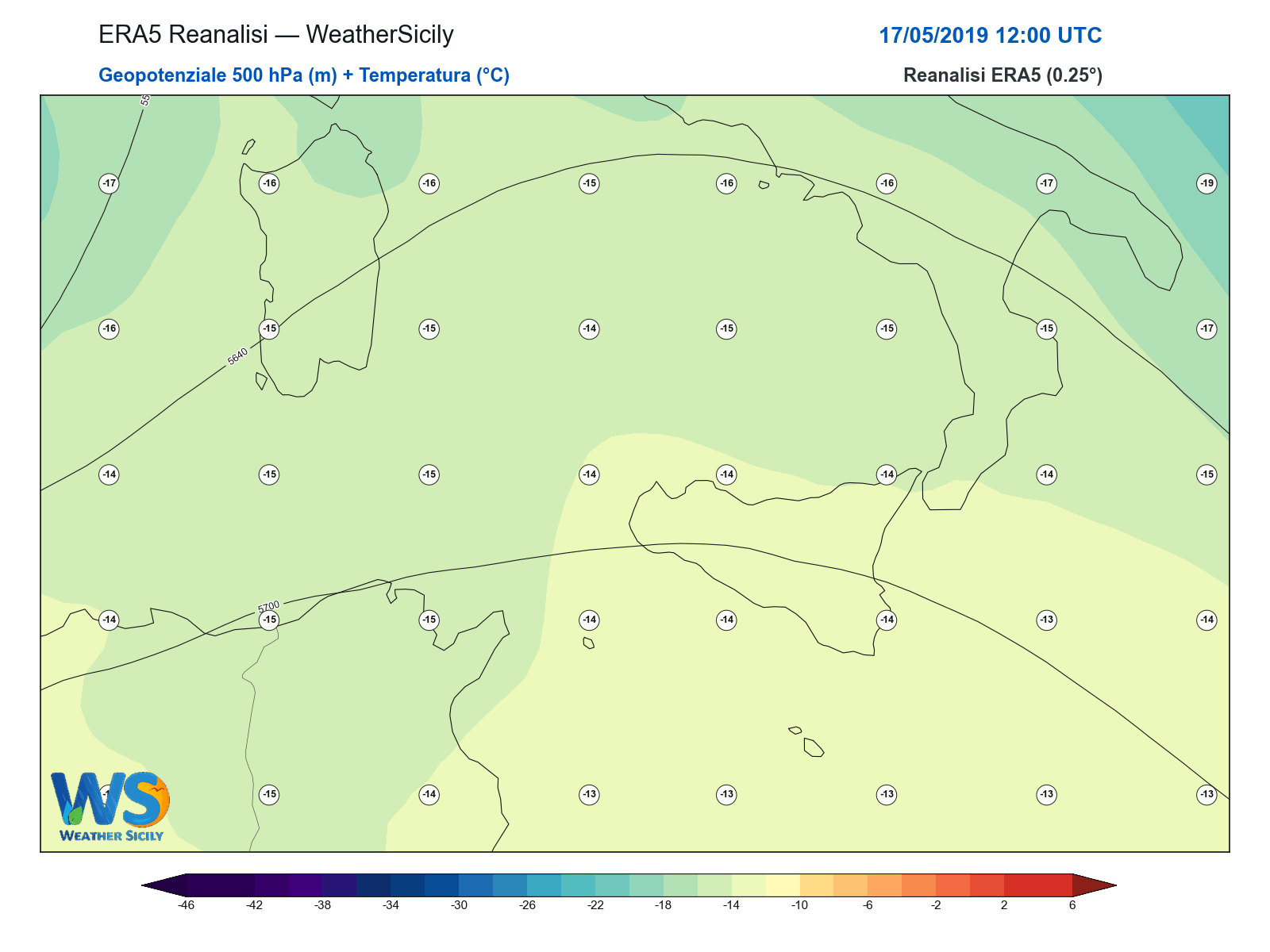 Geopotenziale 500 hPa + Temperatura · 2019051712