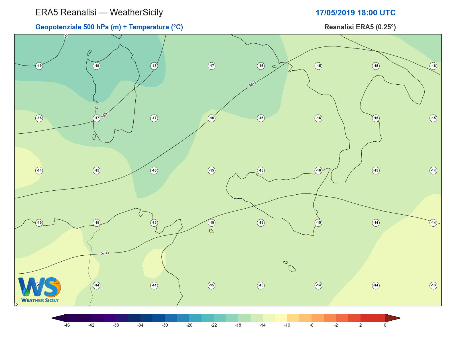 Geopotenziale 500 hPa + Temperatura · 2019051718