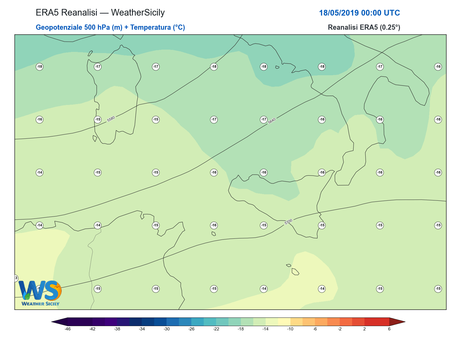 Geopotenziale 500 hPa + Temperatura · 2019051800