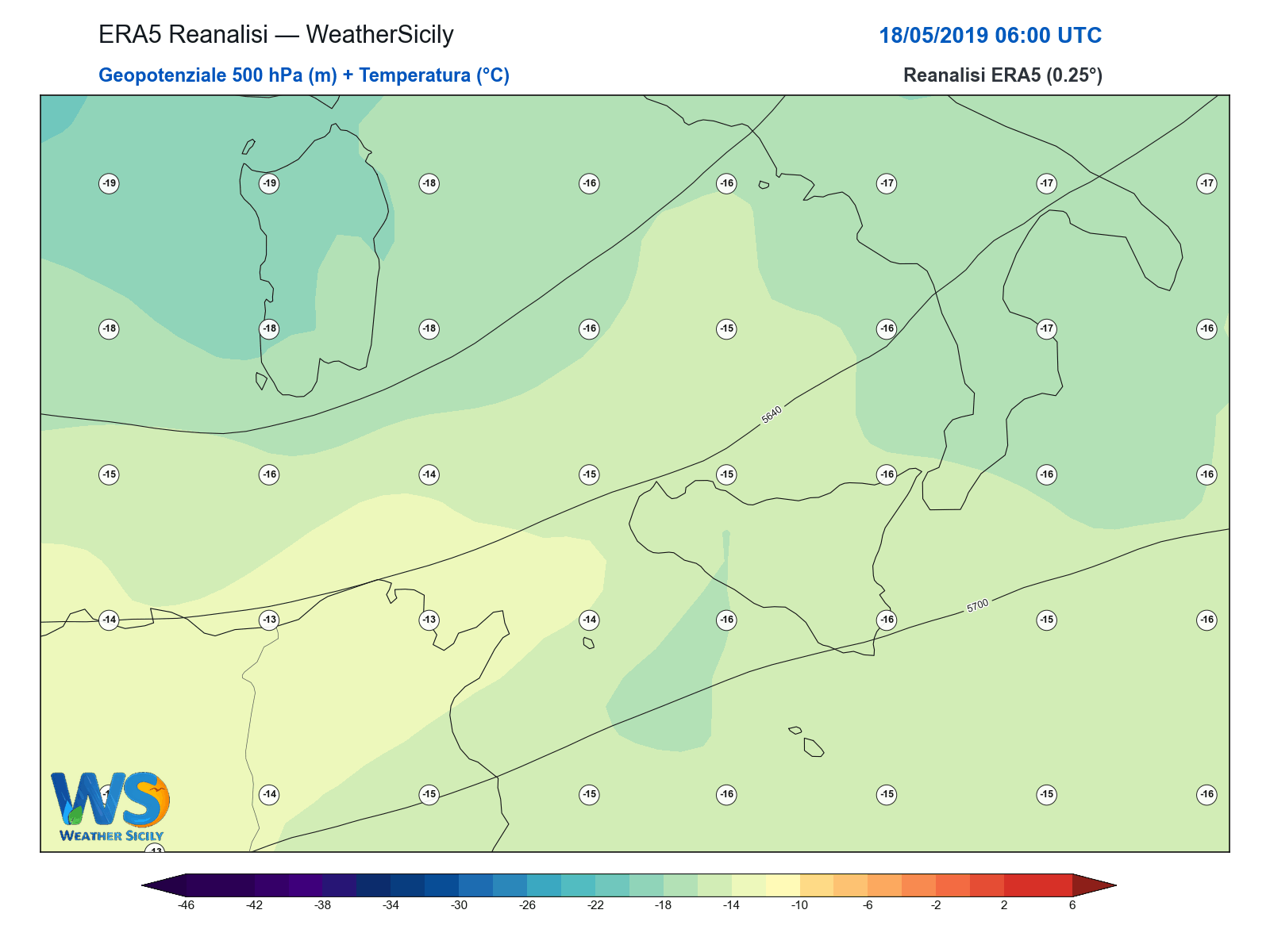 Geopotenziale 500 hPa + Temperatura · 2019051806