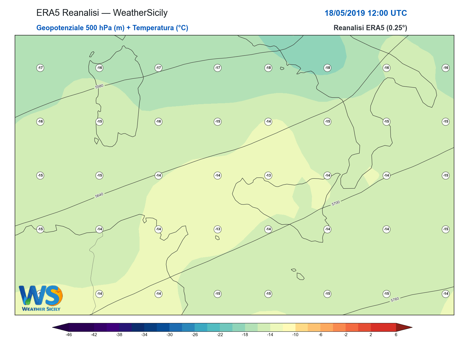 Geopotenziale 500 hPa + Temperatura · 2019051812