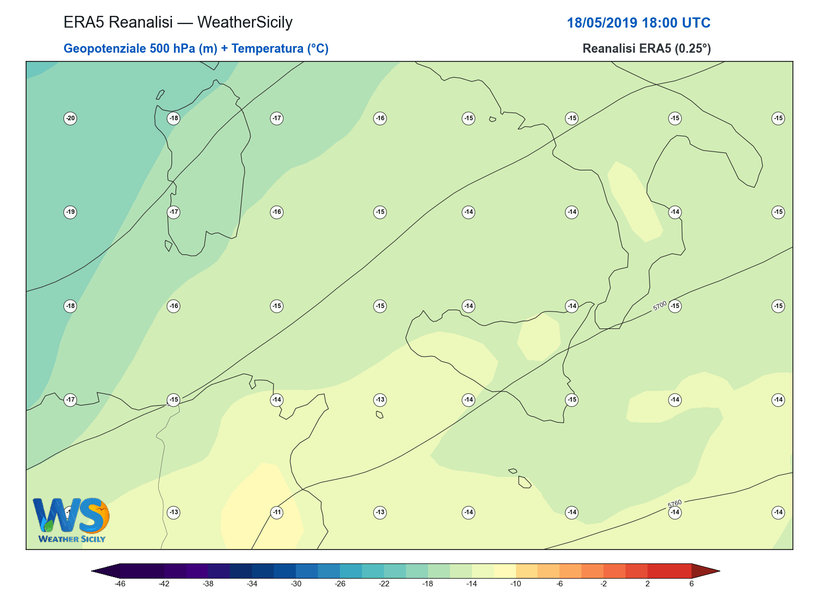 Geopotenziale 500 hPa + Temperatura · 2019051818