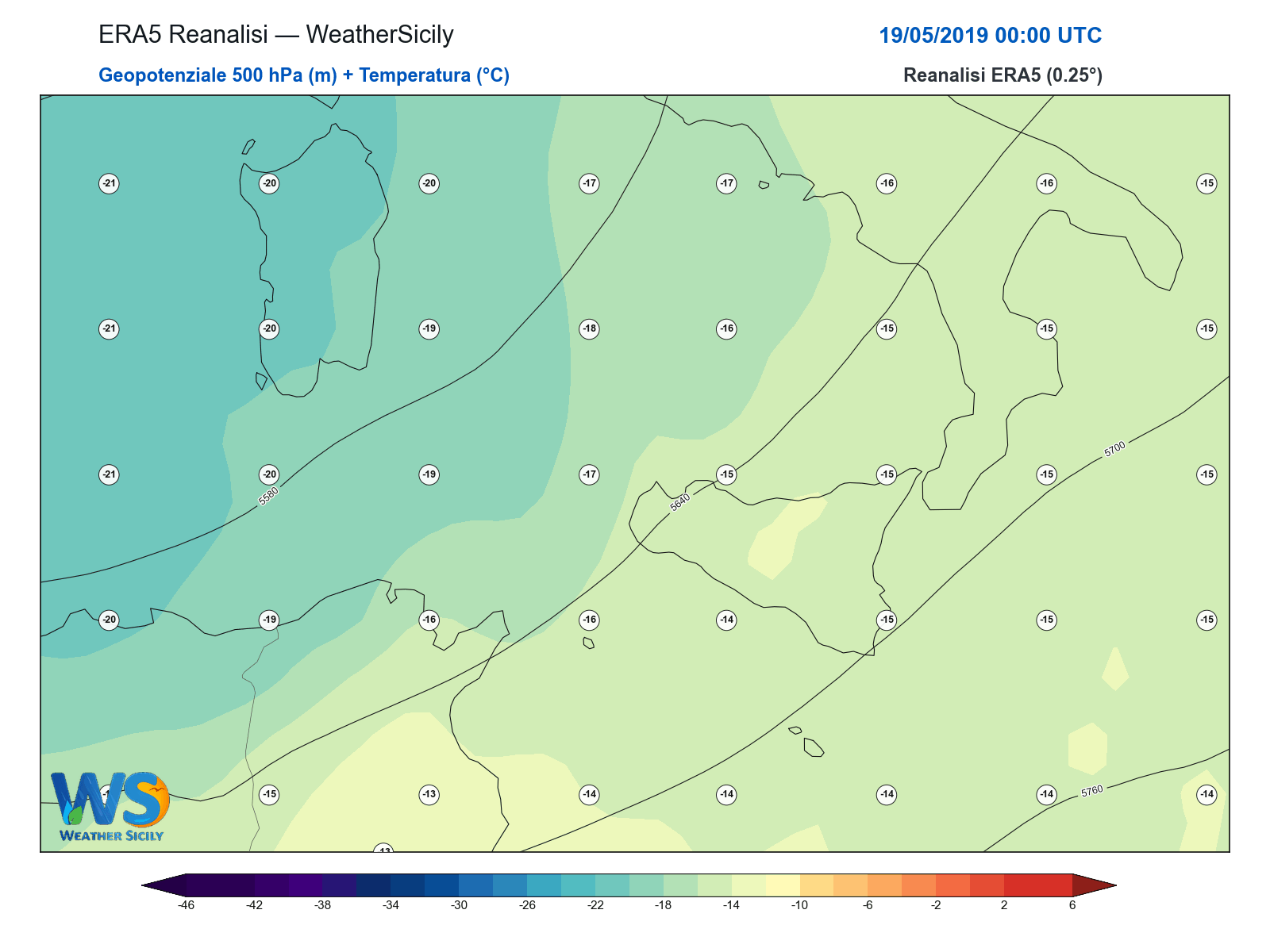 Geopotenziale 500 hPa + Temperatura · 2019051900