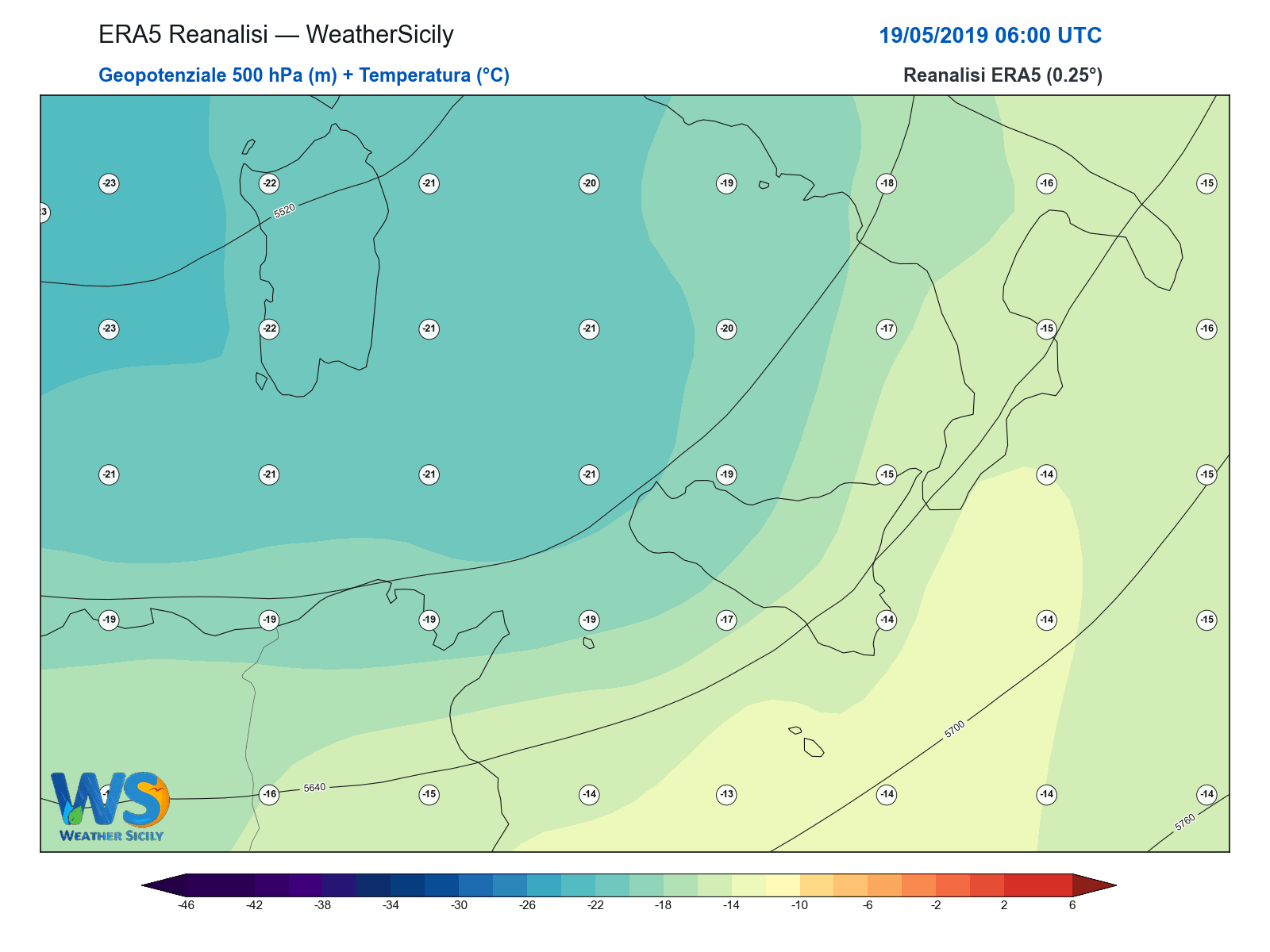 Geopotenziale 500 hPa + Temperatura · 2019051906