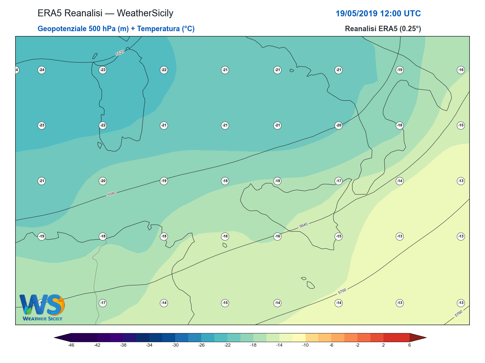 Geopotenziale 500 hPa + Temperatura · 2019051912