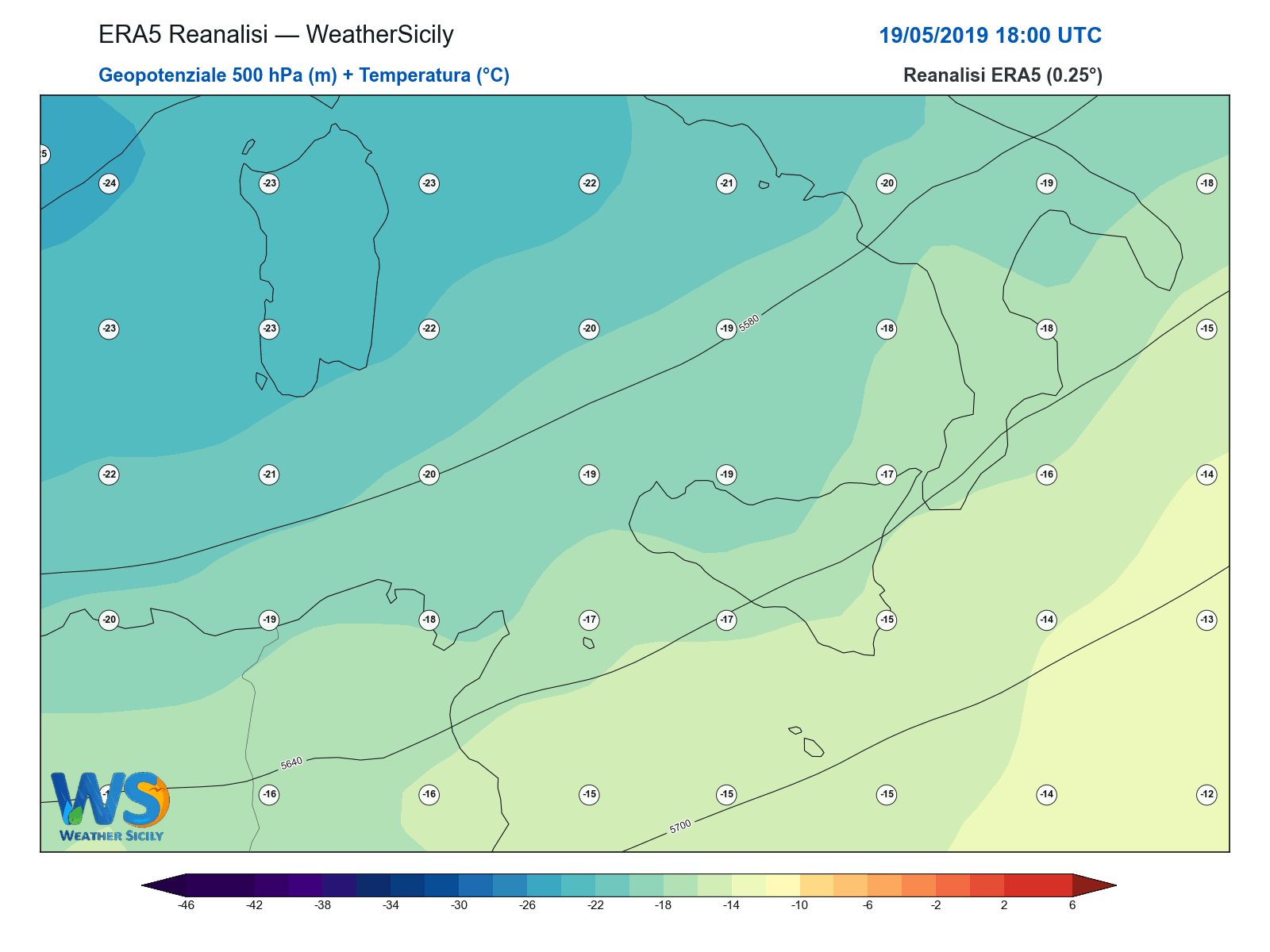 Geopotenziale 500 hPa + Temperatura · 2019051918