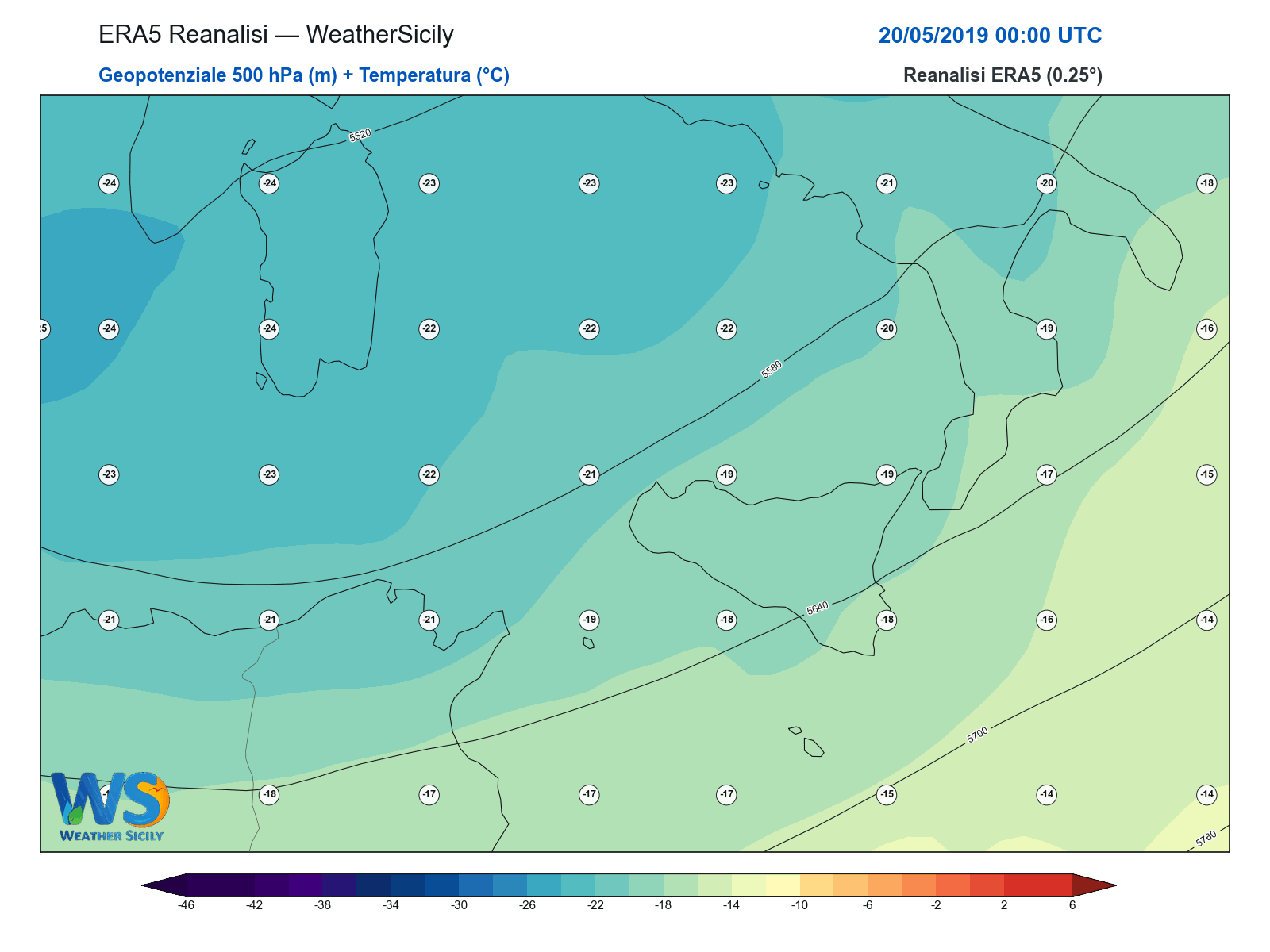 Geopotenziale 500 hPa + Temperatura · 2019052000