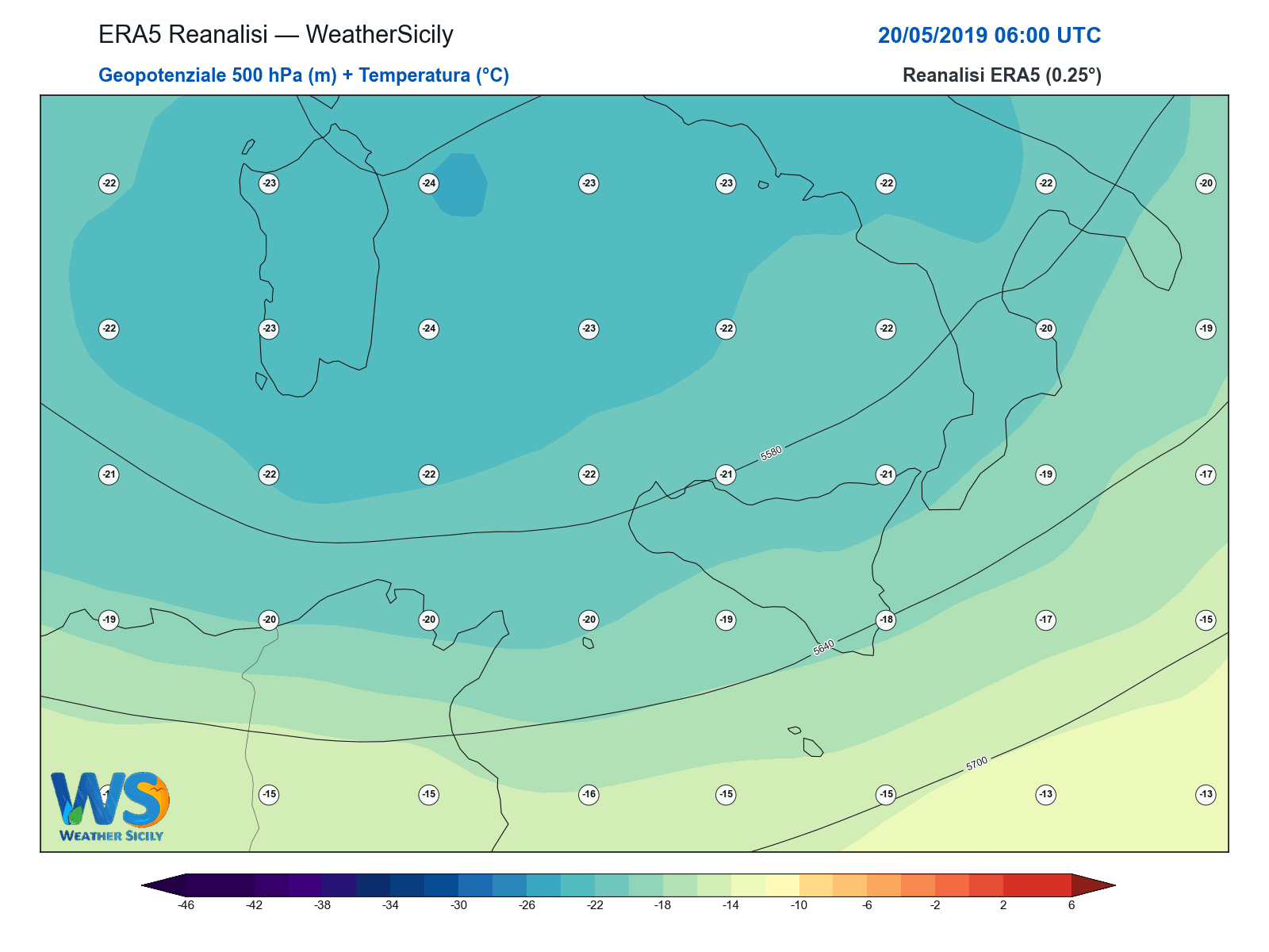 Geopotenziale 500 hPa + Temperatura · 2019052006