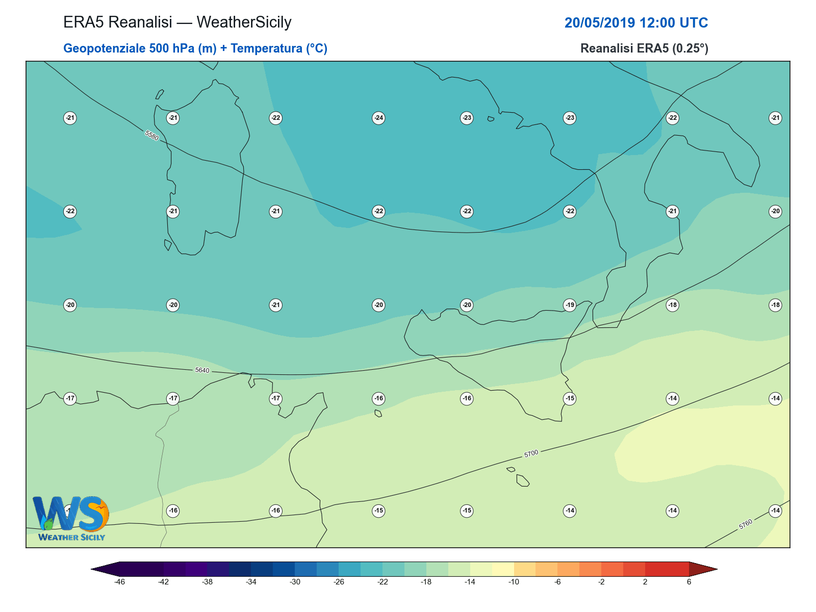Geopotenziale 500 hPa + Temperatura · 2019052012