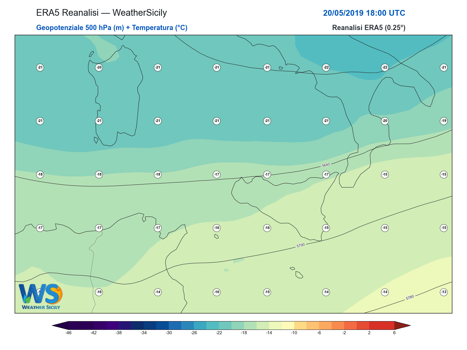 Geopotenziale 500 hPa + Temperatura · 2019052018