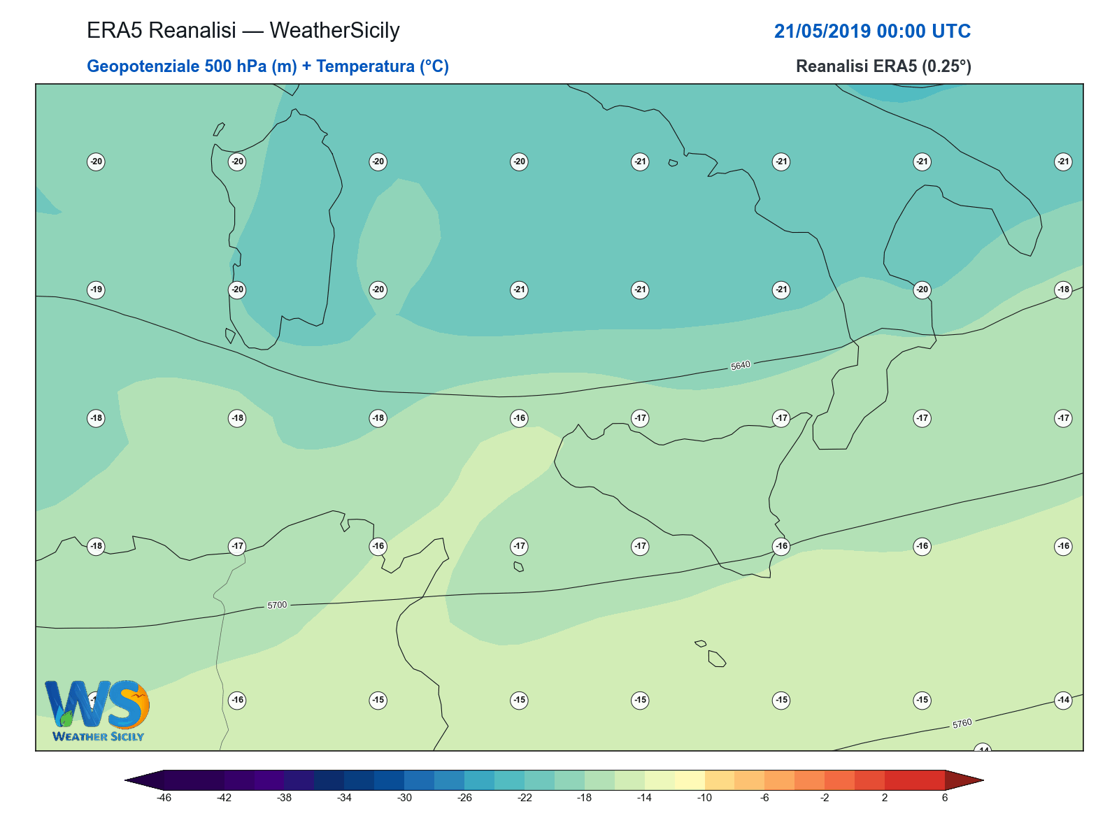 Geopotenziale 500 hPa + Temperatura · 2019052100