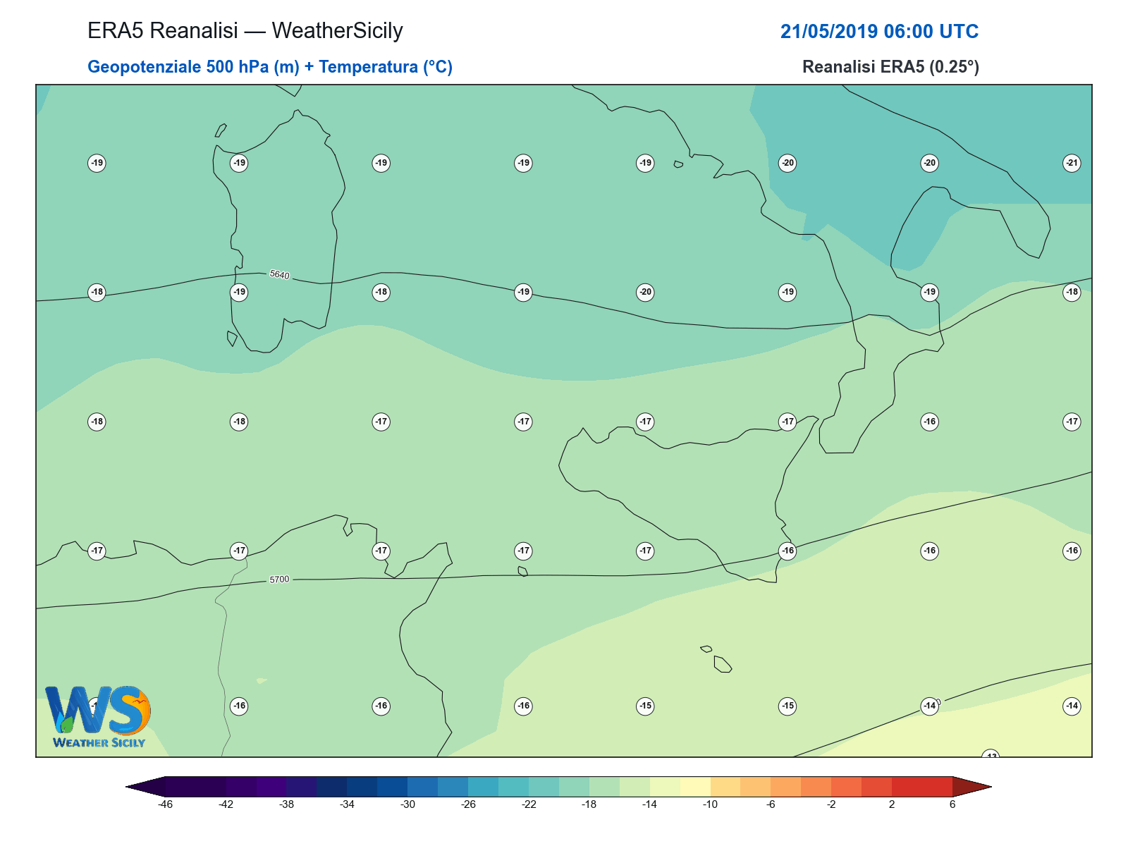 Geopotenziale 500 hPa + Temperatura · 2019052106