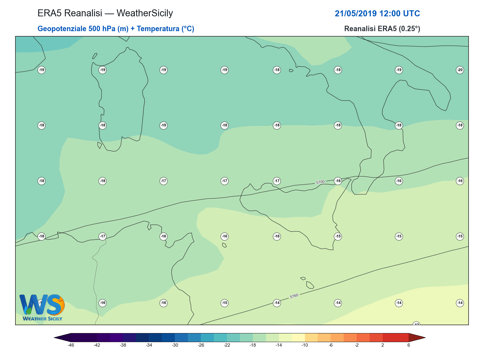 Geopotenziale 500 hPa + Temperatura · 2019052112