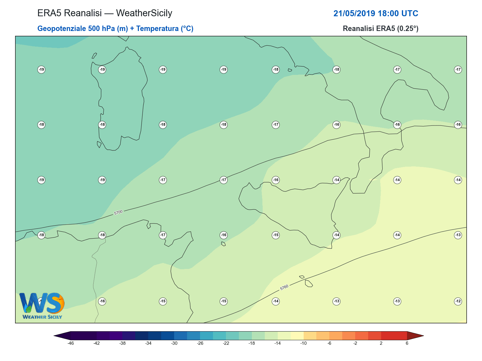 Geopotenziale 500 hPa + Temperatura · 2019052118