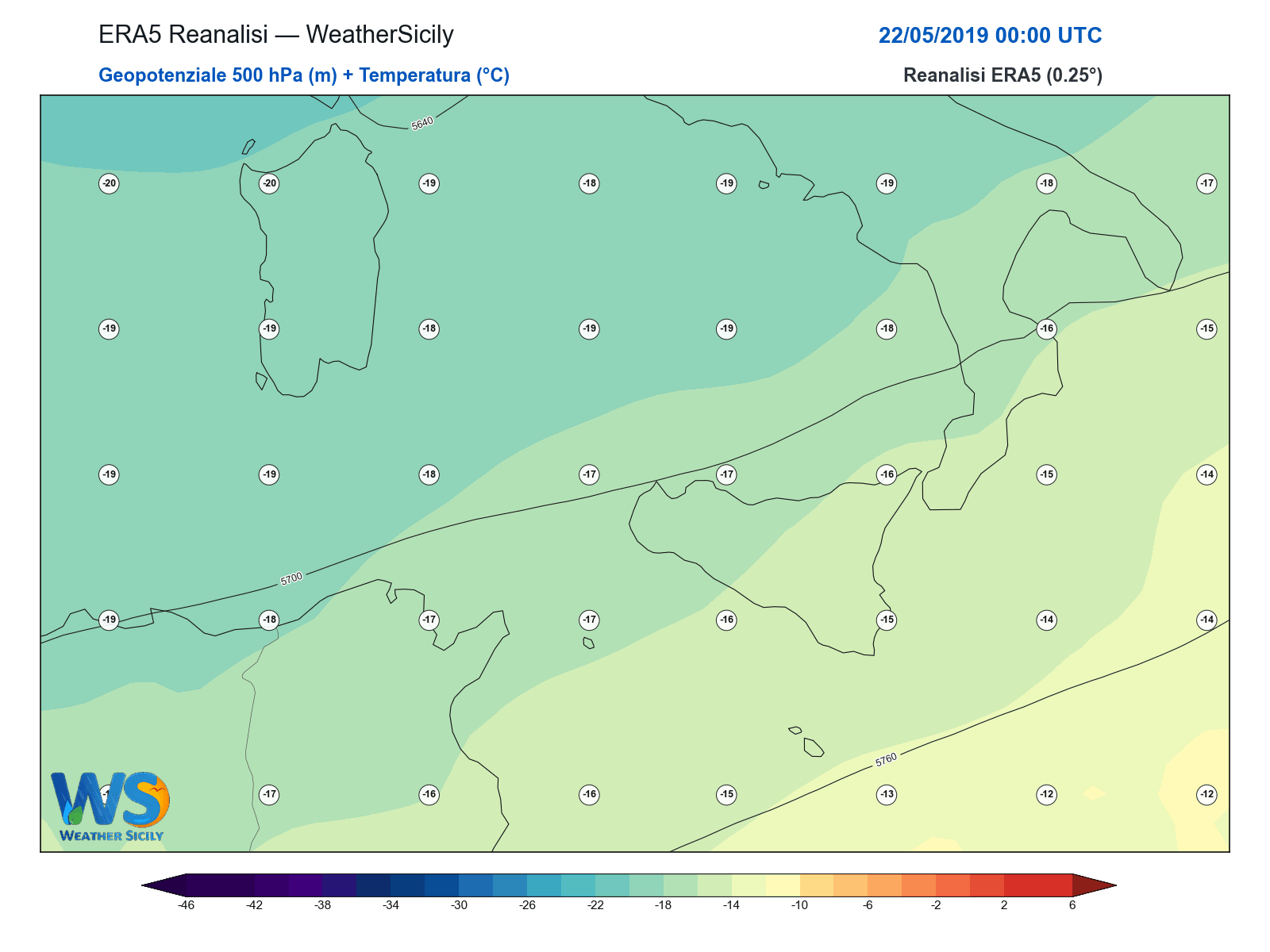 Geopotenziale 500 hPa + Temperatura · 2019052200