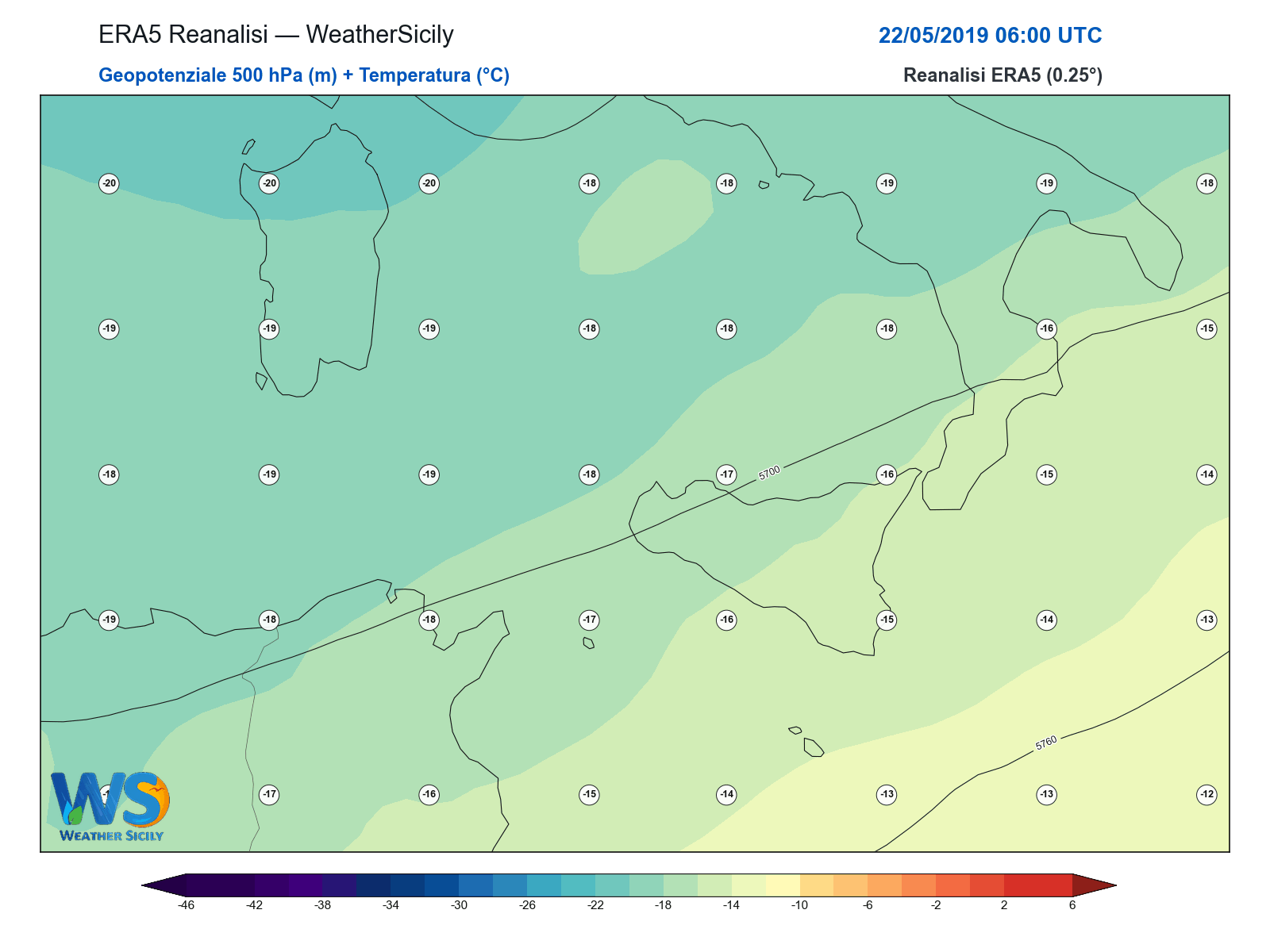 Geopotenziale 500 hPa + Temperatura · 2019052206