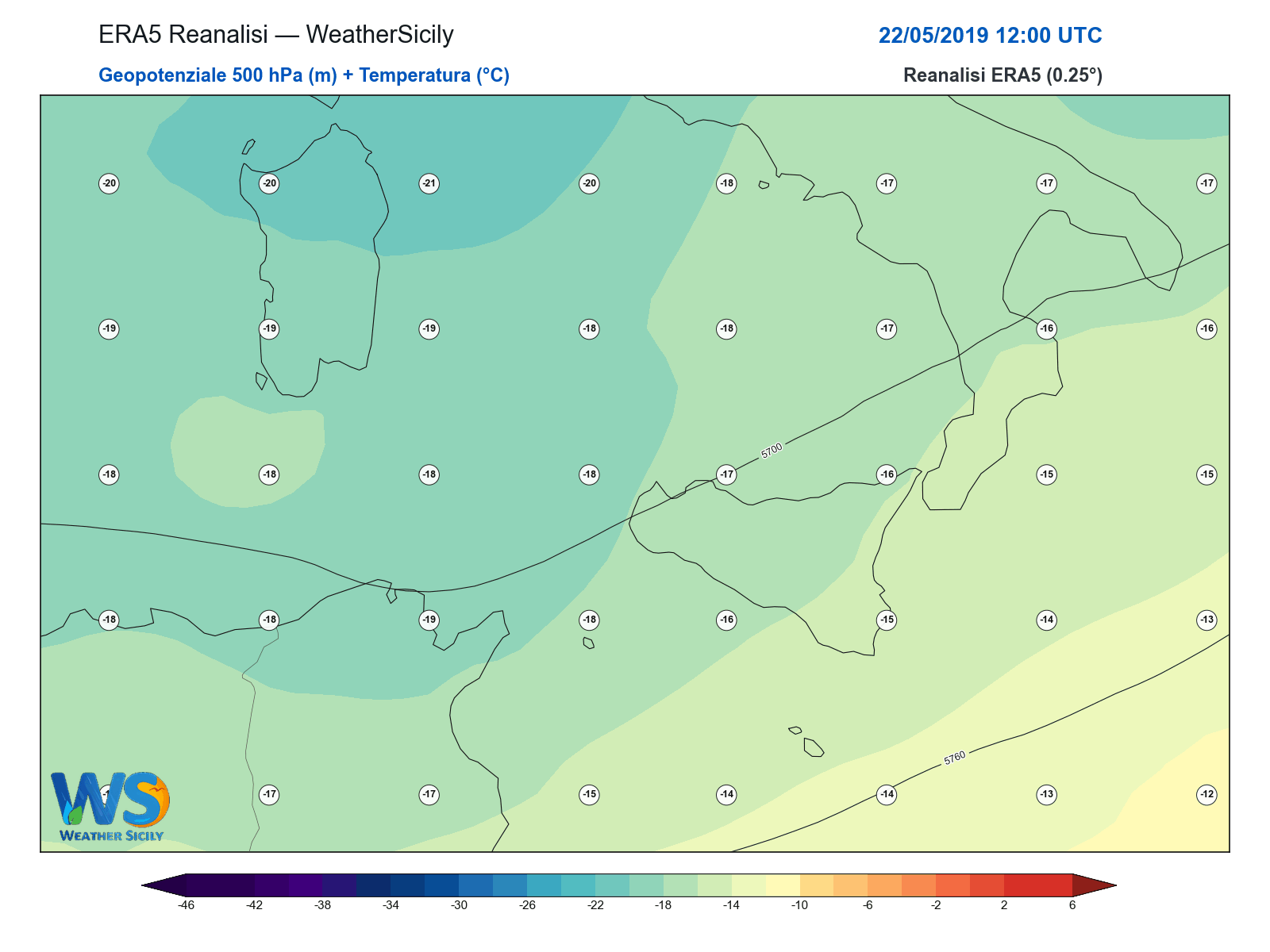 Geopotenziale 500 hPa + Temperatura · 2019052212