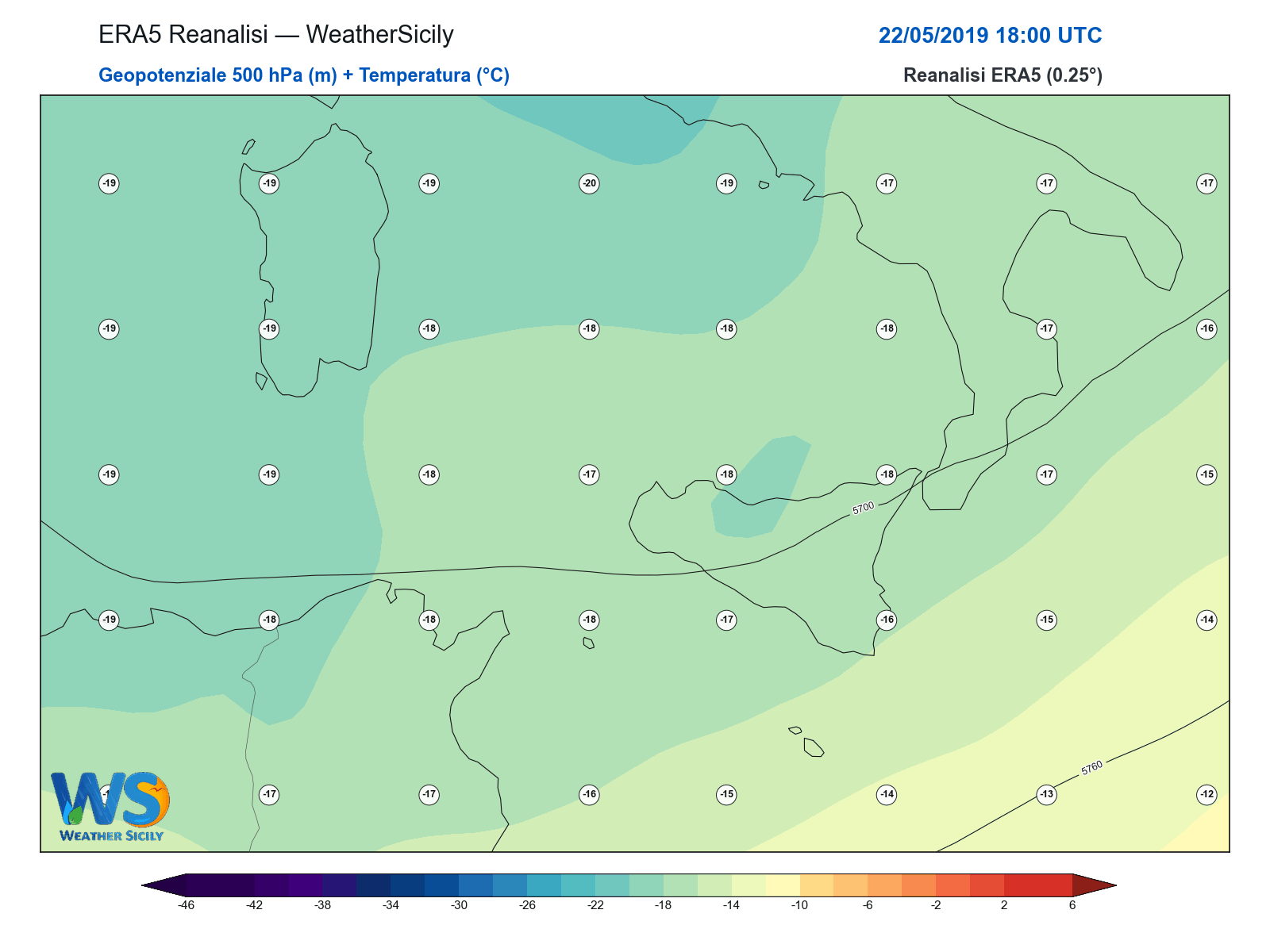 Geopotenziale 500 hPa + Temperatura · 2019052218