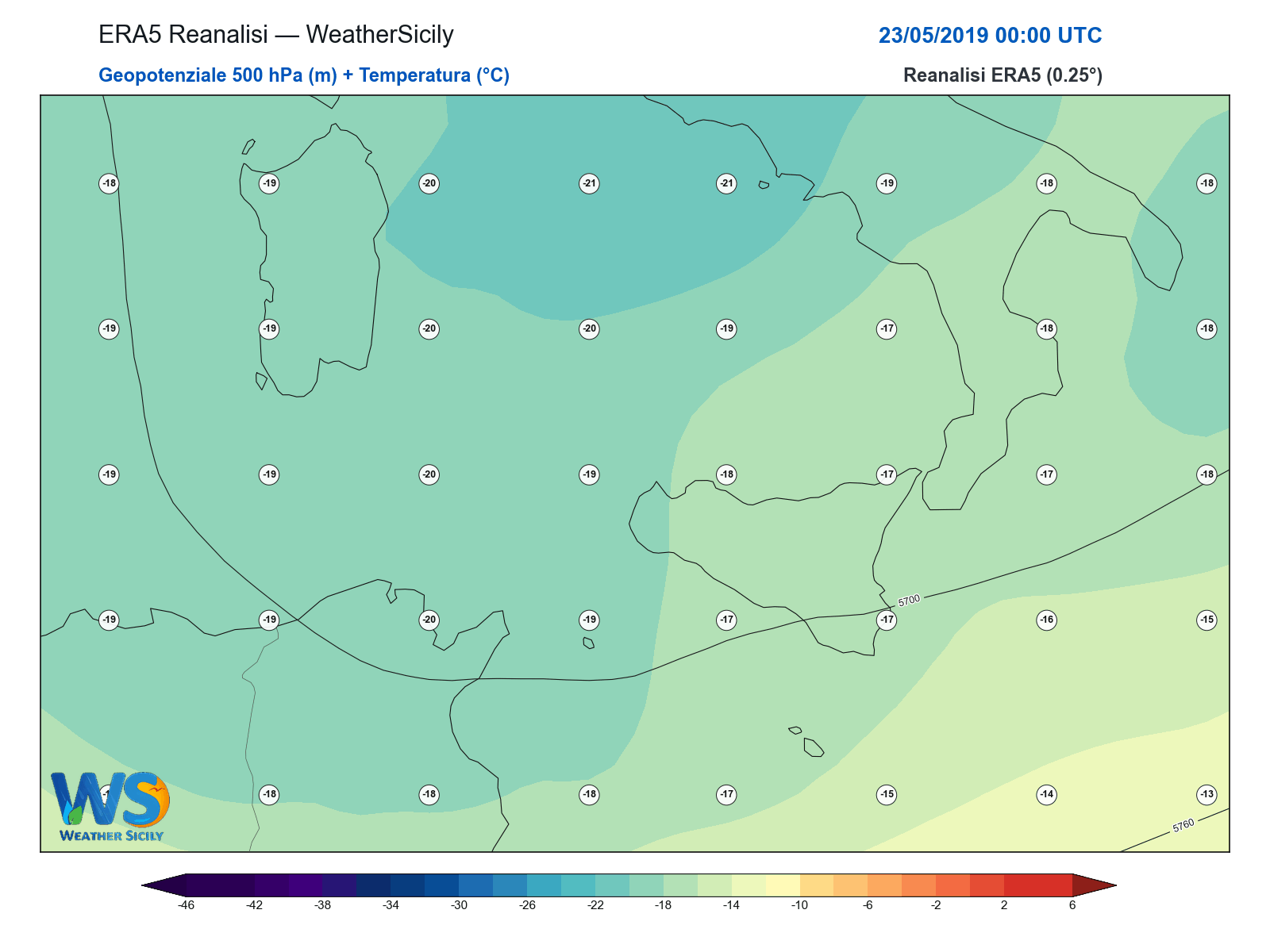 Geopotenziale 500 hPa + Temperatura · 2019052300