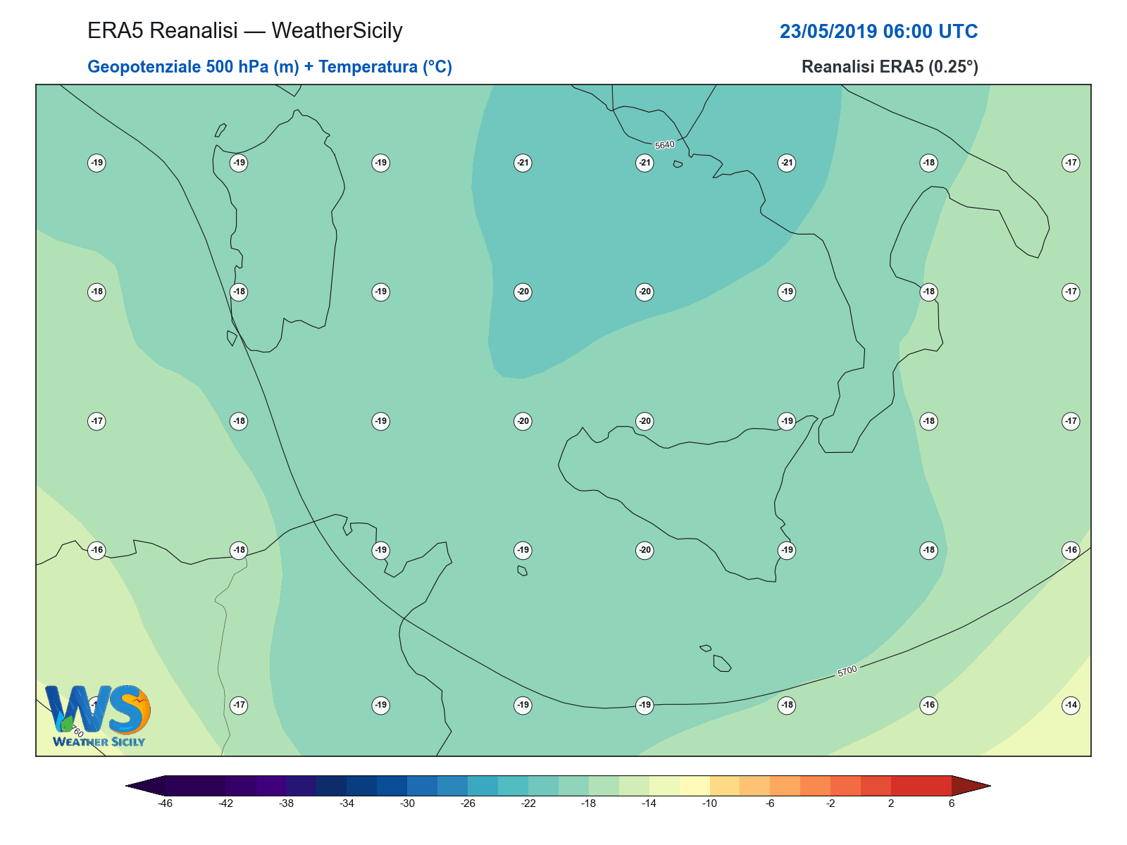 Geopotenziale 500 hPa + Temperatura · 2019052306