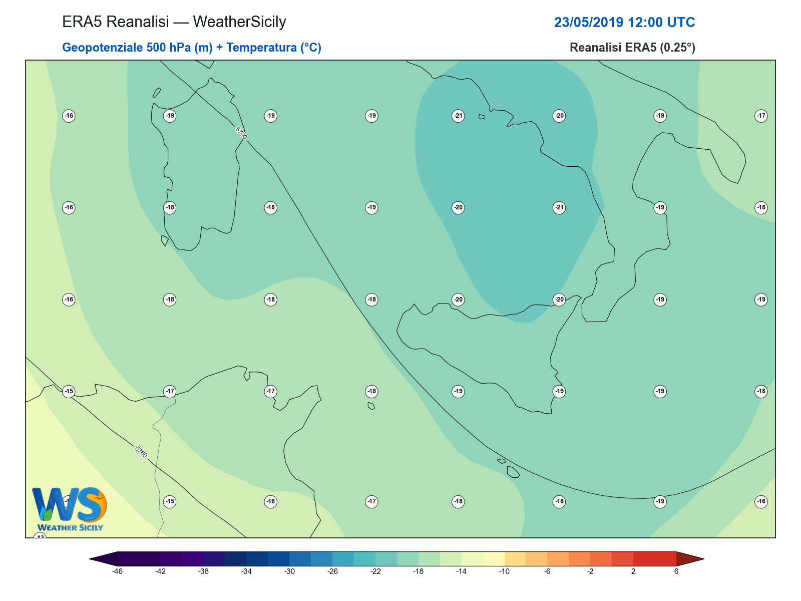 Geopotenziale 500 hPa + Temperatura · 2019052312