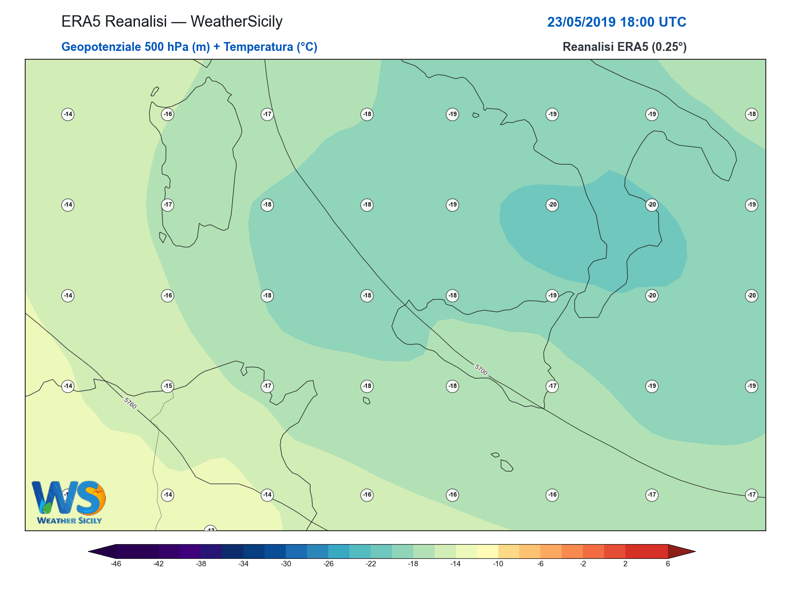Geopotenziale 500 hPa + Temperatura · 2019052318