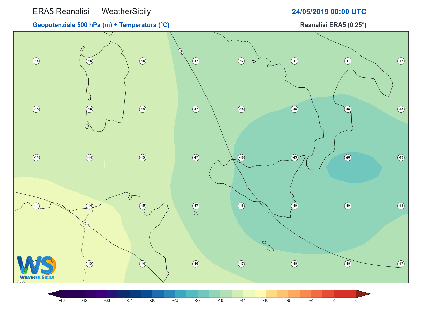 Geopotenziale 500 hPa + Temperatura · 2019052400