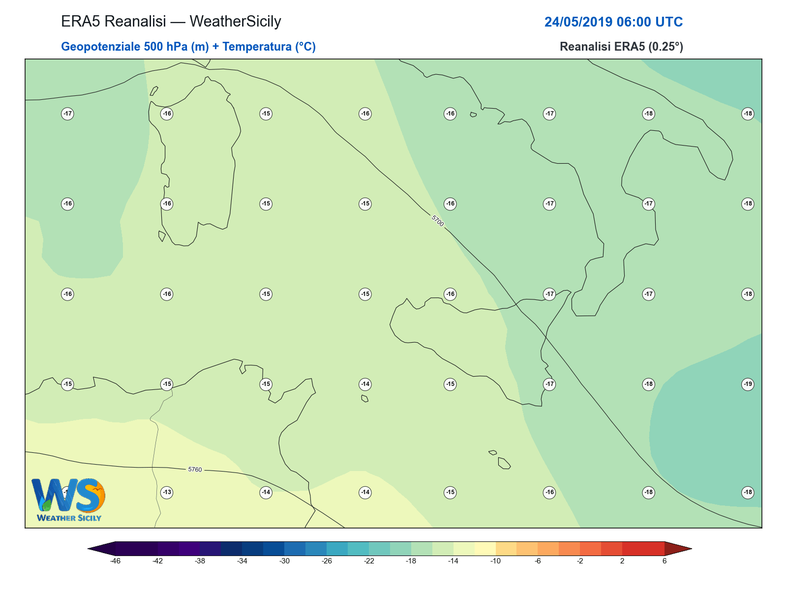 Geopotenziale 500 hPa + Temperatura · 2019052406