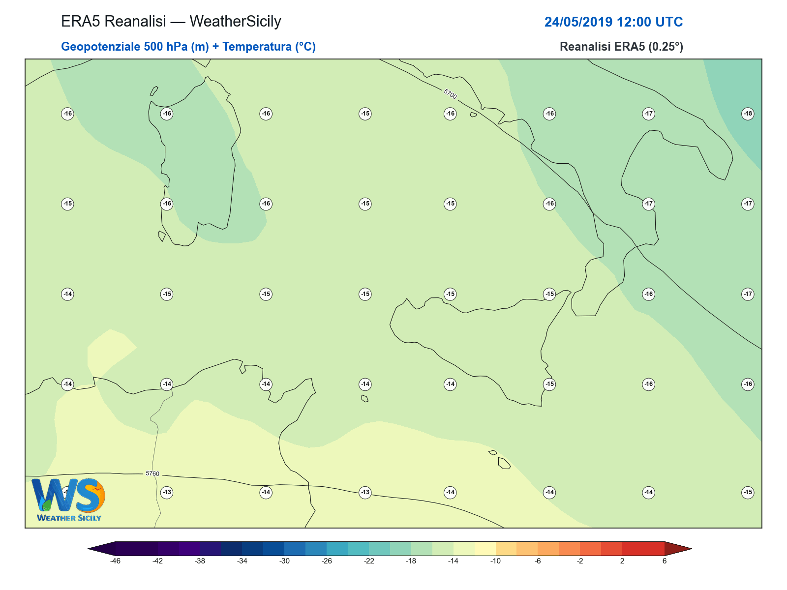 Geopotenziale 500 hPa + Temperatura · 2019052412