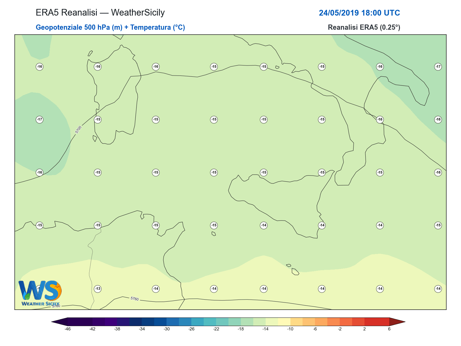 Geopotenziale 500 hPa + Temperatura · 2019052418