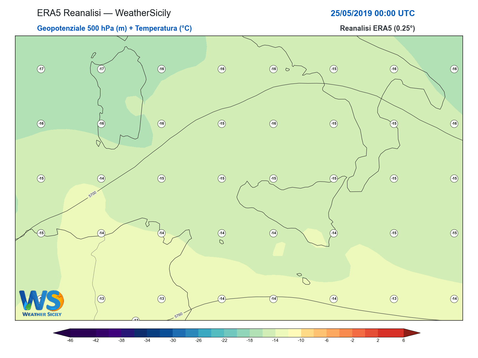 Geopotenziale 500 hPa + Temperatura · 2019052500
