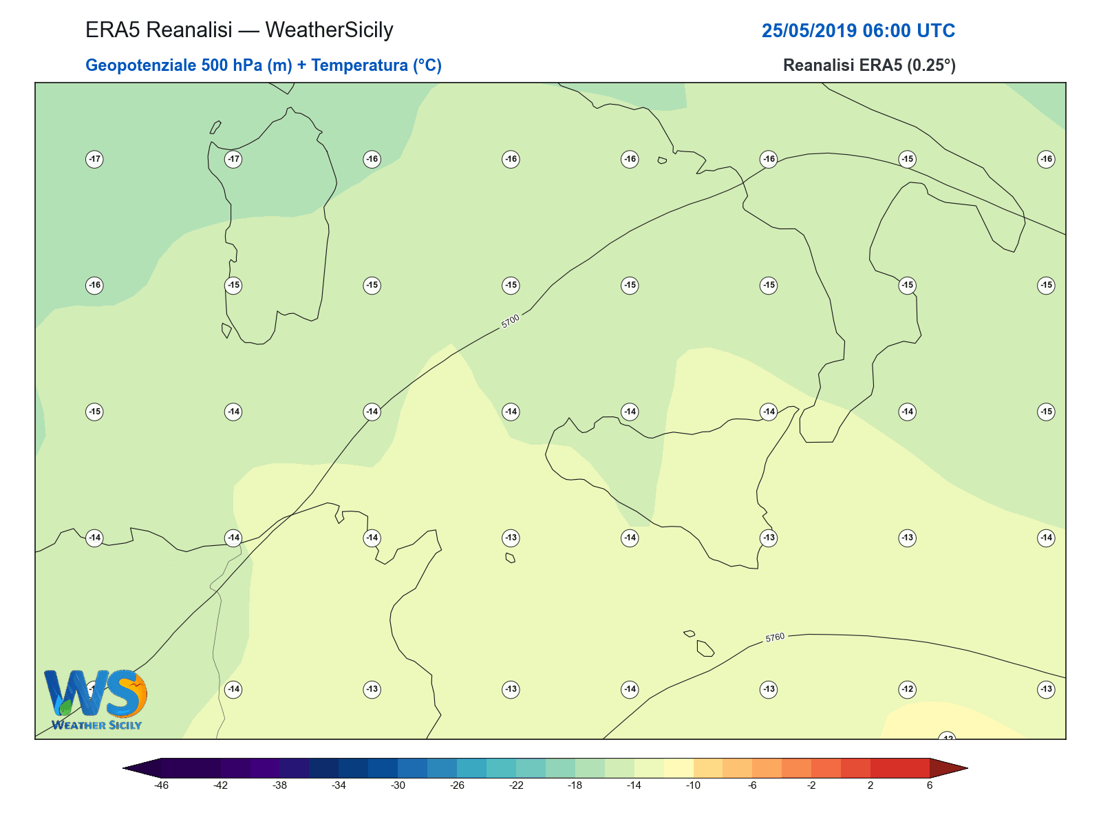 Geopotenziale 500 hPa + Temperatura · 2019052506