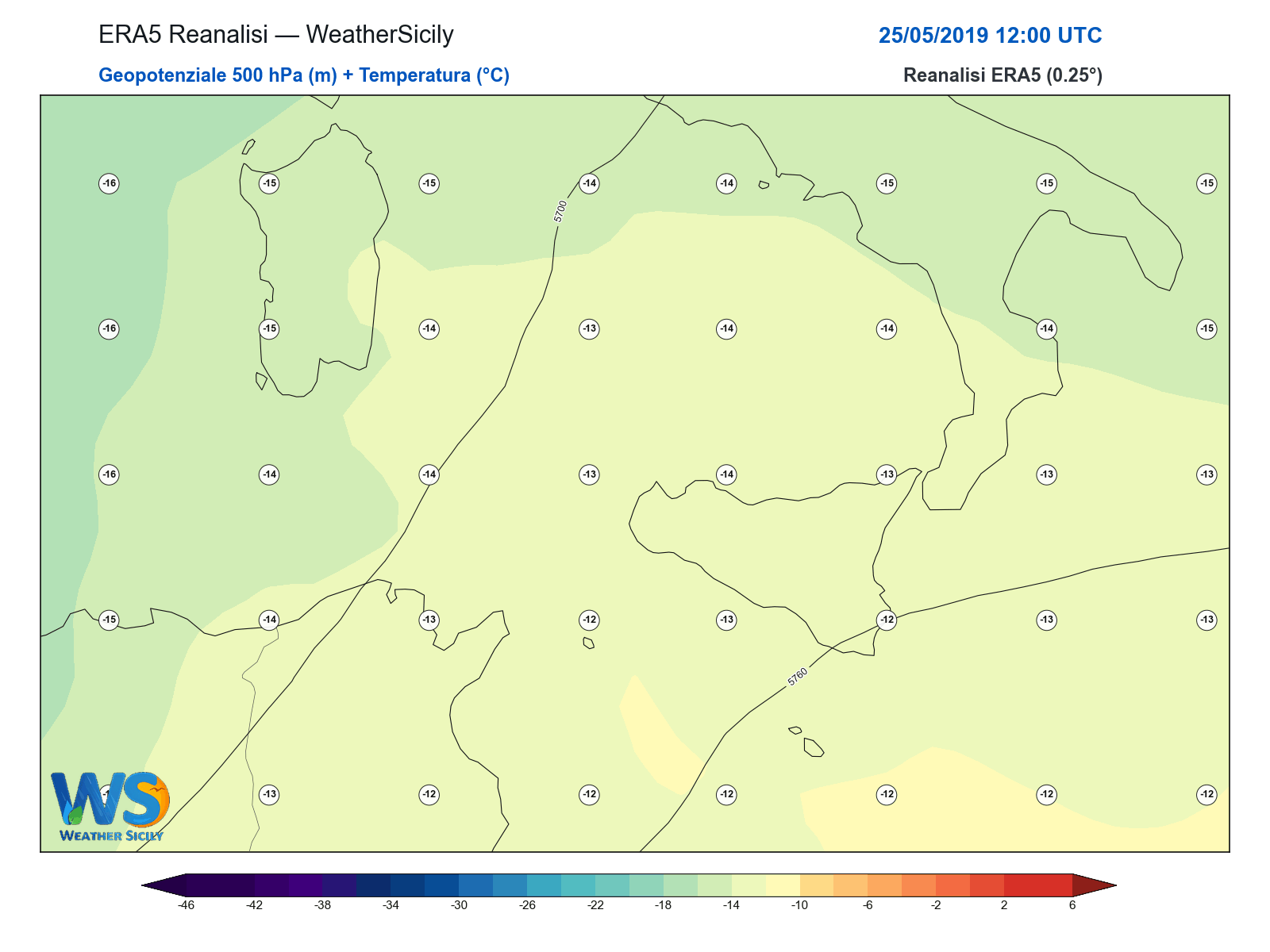 Geopotenziale 500 hPa + Temperatura · 2019052512