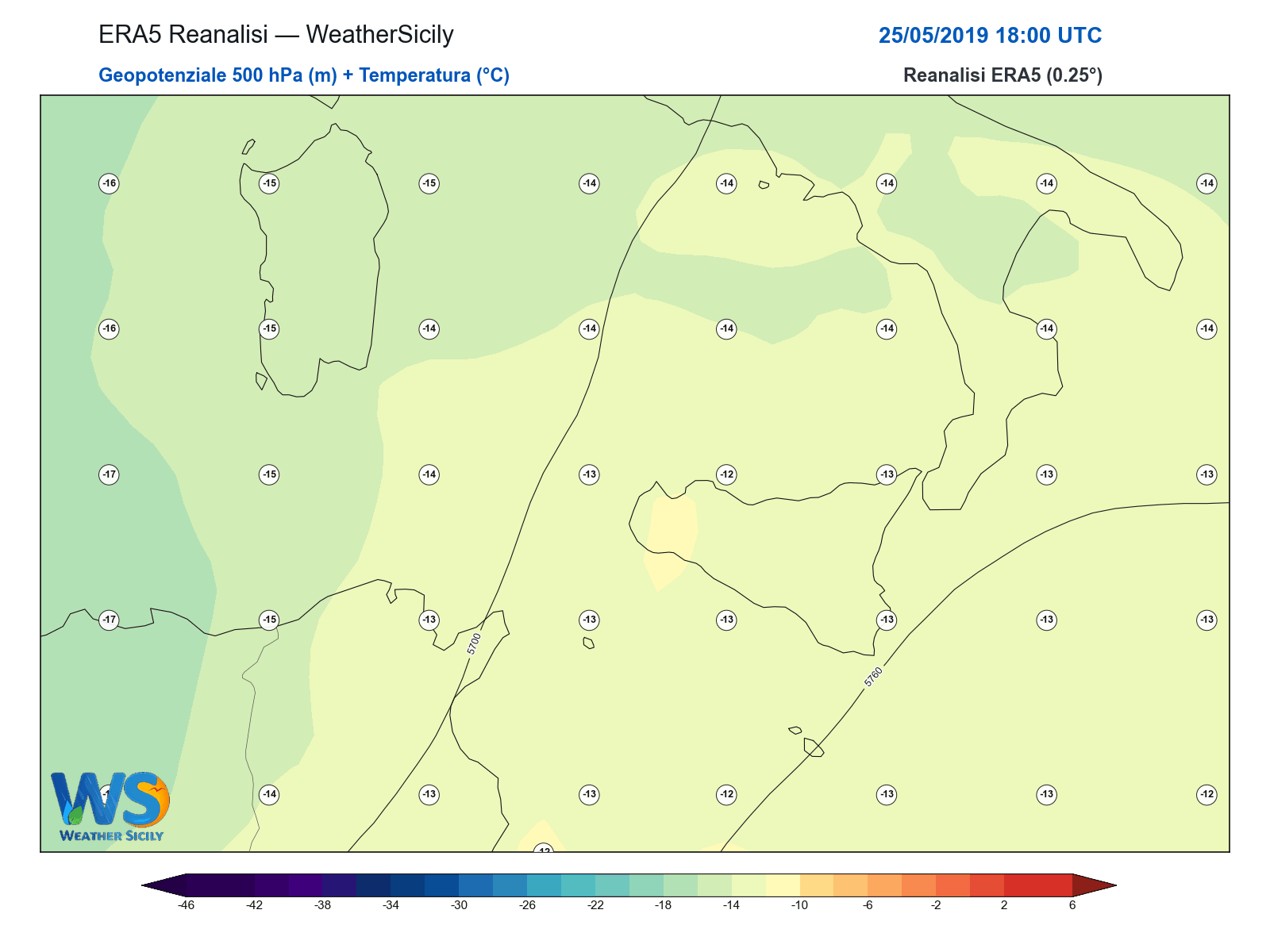 Geopotenziale 500 hPa + Temperatura · 2019052518