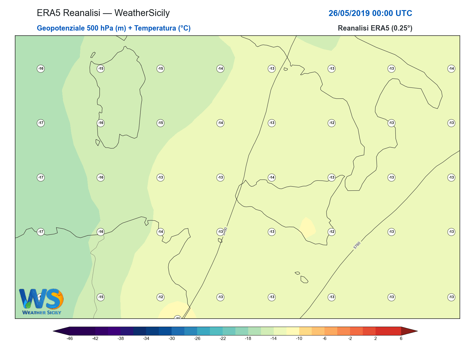 Geopotenziale 500 hPa + Temperatura · 2019052600